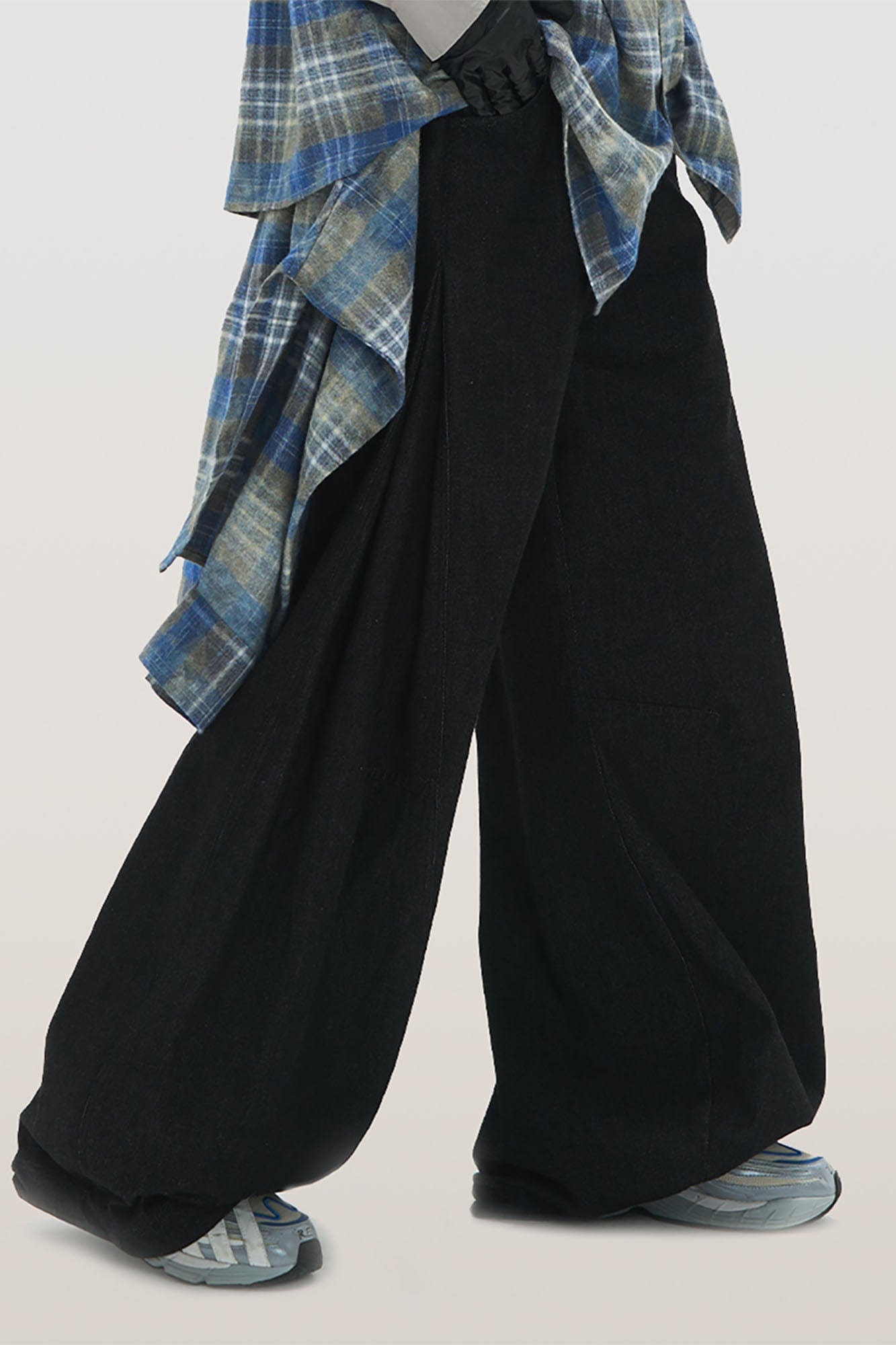 RELABEL Detachable Plaid Flap Panel Wide-Leg Pants