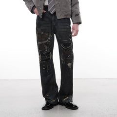 FACEONLAB Distressed Heavy Ripped Flared Jeans