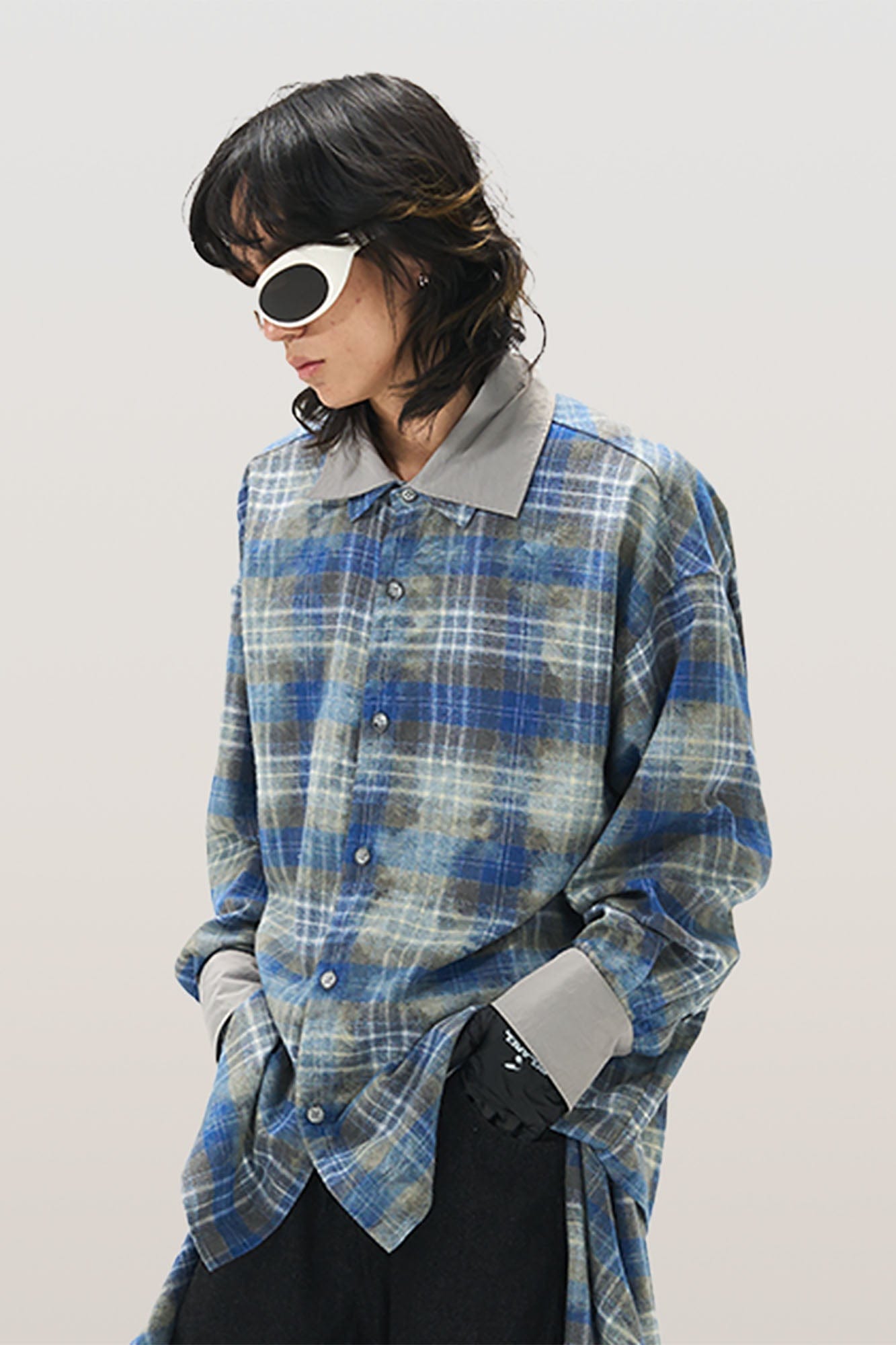 RELABEL Washed Plaid Tie-Dye Contrast-Collar Shirt