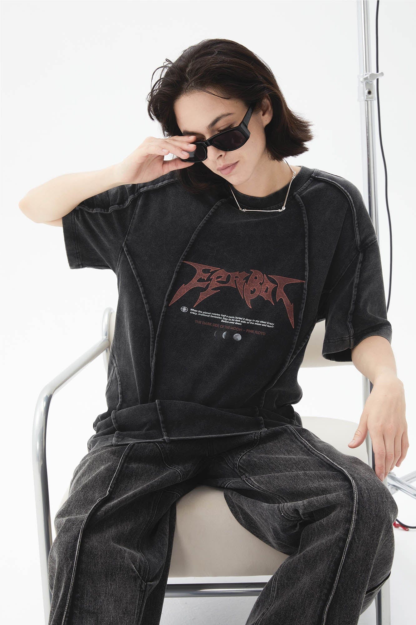 ERROR CODE ROBOT Mountain Moon Graphic Washed Spliced T-Shirt
