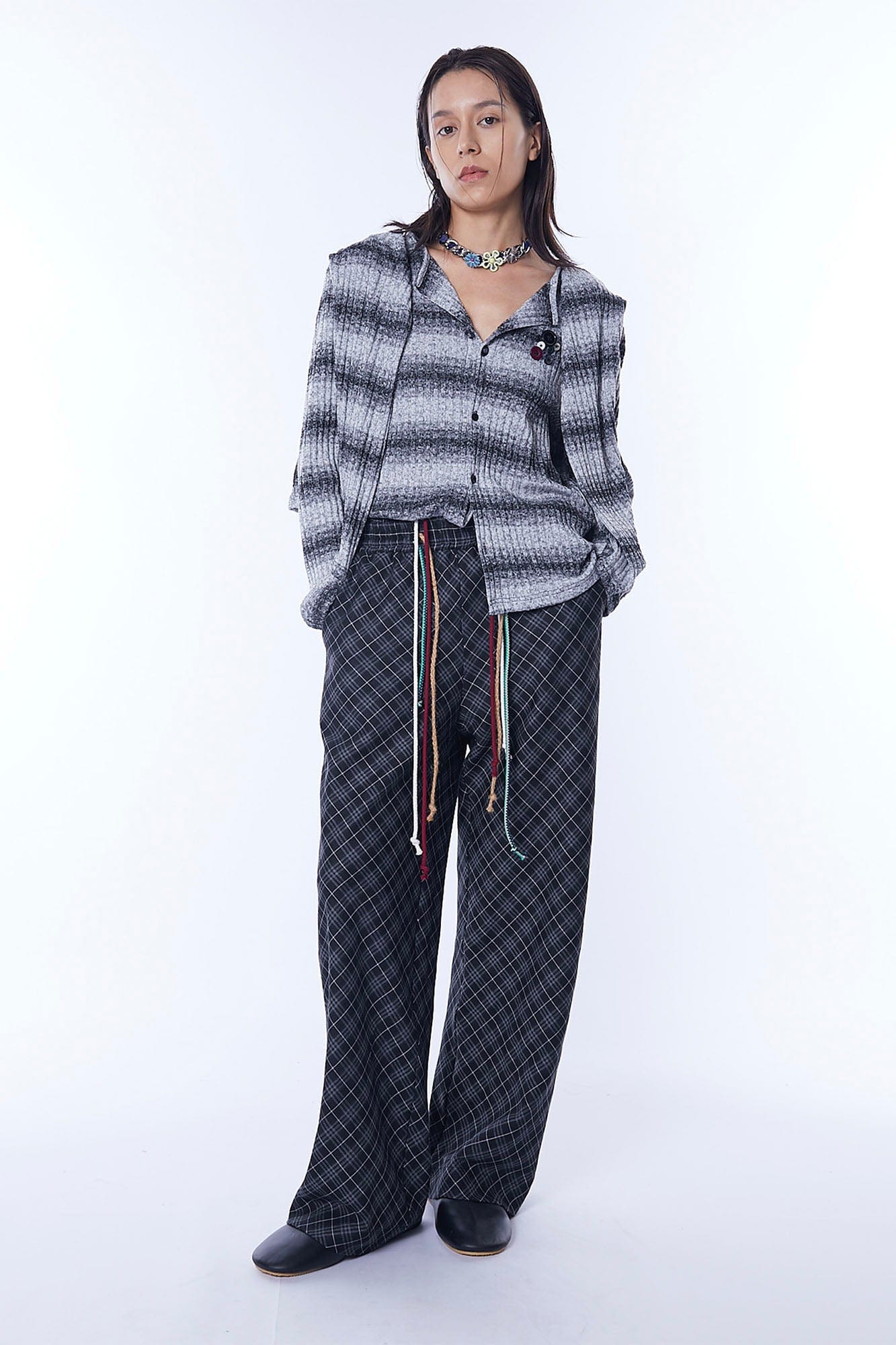 ASSEEN Plaid Double-Waist Drawstring Wide-Leg Pants