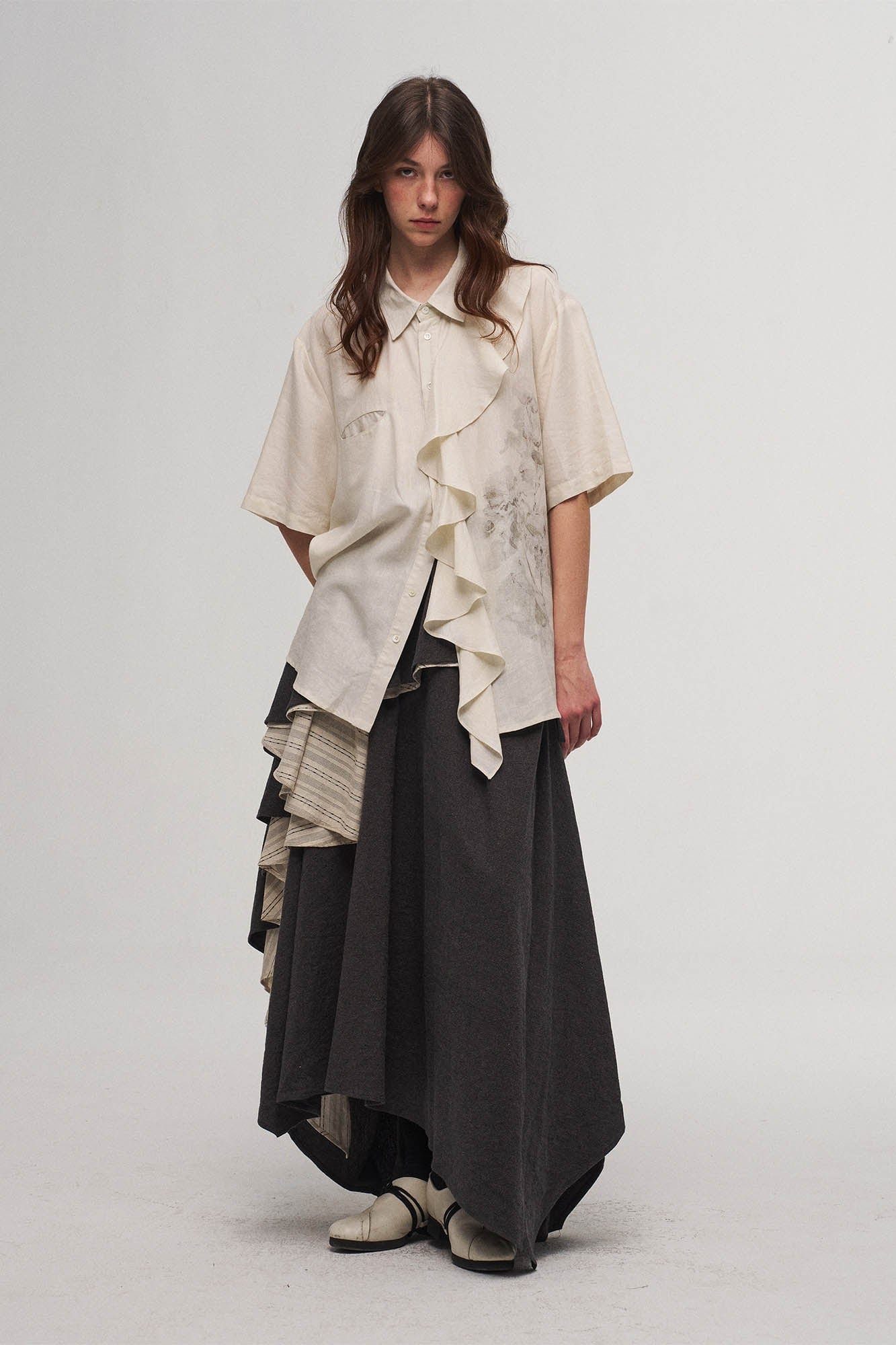 ILNya Nieternite Nifutur Asymmetrical Layered Stripe Ruffled Maxi Skirt