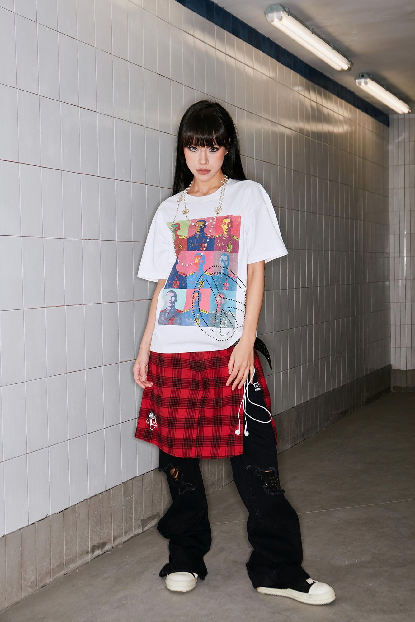 VINKID Plaid Skirt Overlay Ripped Jeans