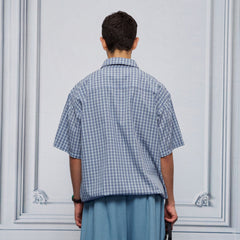 UNLIMITED MOTE Drawstring Hem Plaid Peter Pan Collar Half Shirt