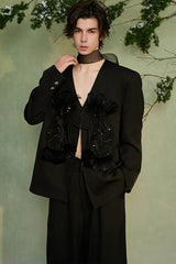 JIECHI Feather Embellished Sequin Embroidered Blazer
