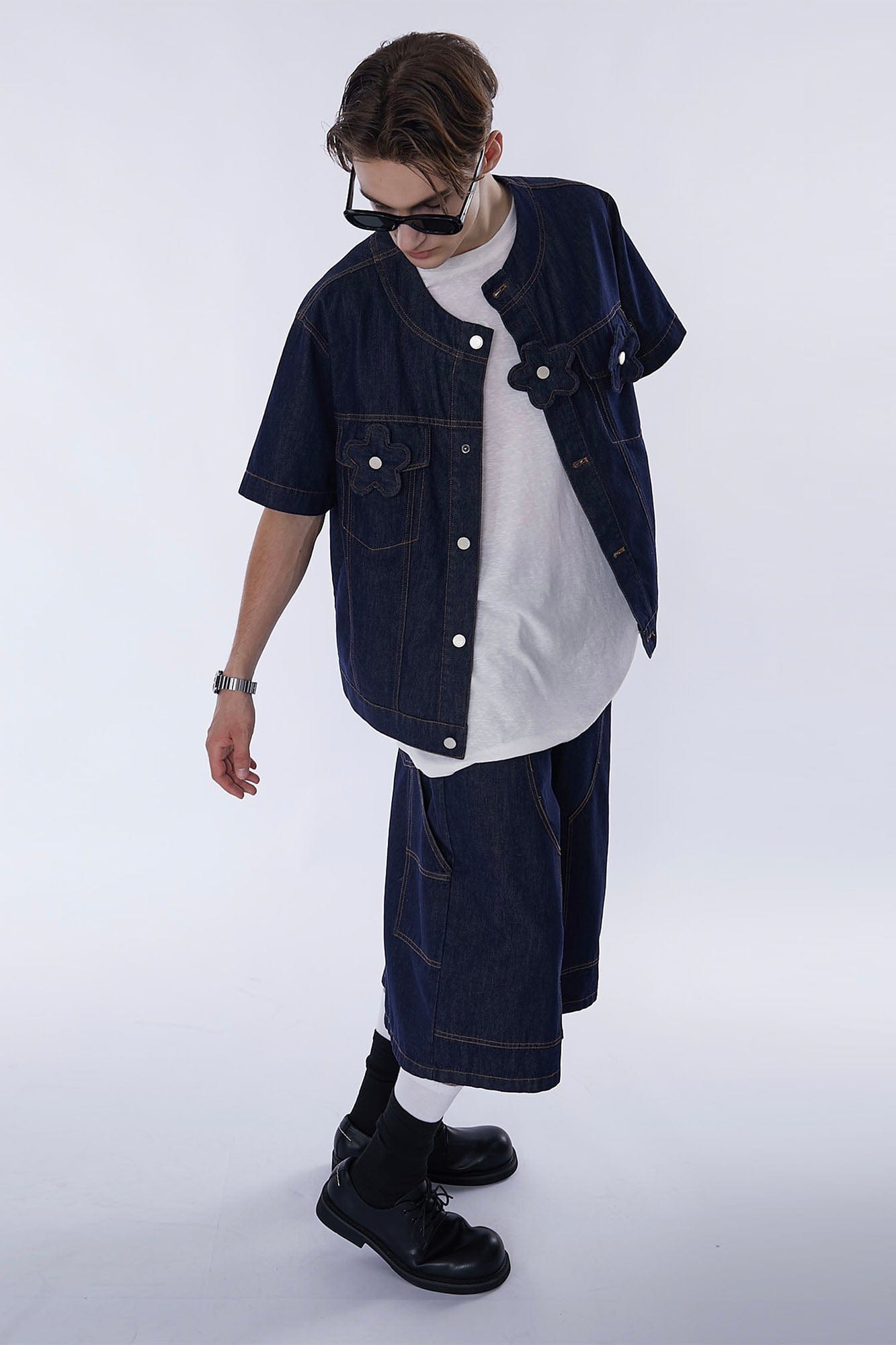 ASSEEN Flower Patchwork Stitched Raw Denim Half Shirt