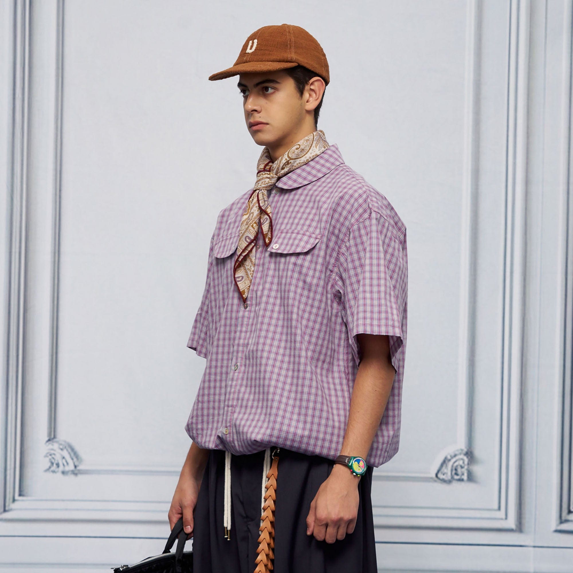 UNLIMITED MOTE Drawstring Hem Plaid Peter Pan Collar Half Shirt