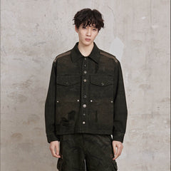 FACEONLAB Distressed Cracked Flap-Pocket Military Jacket