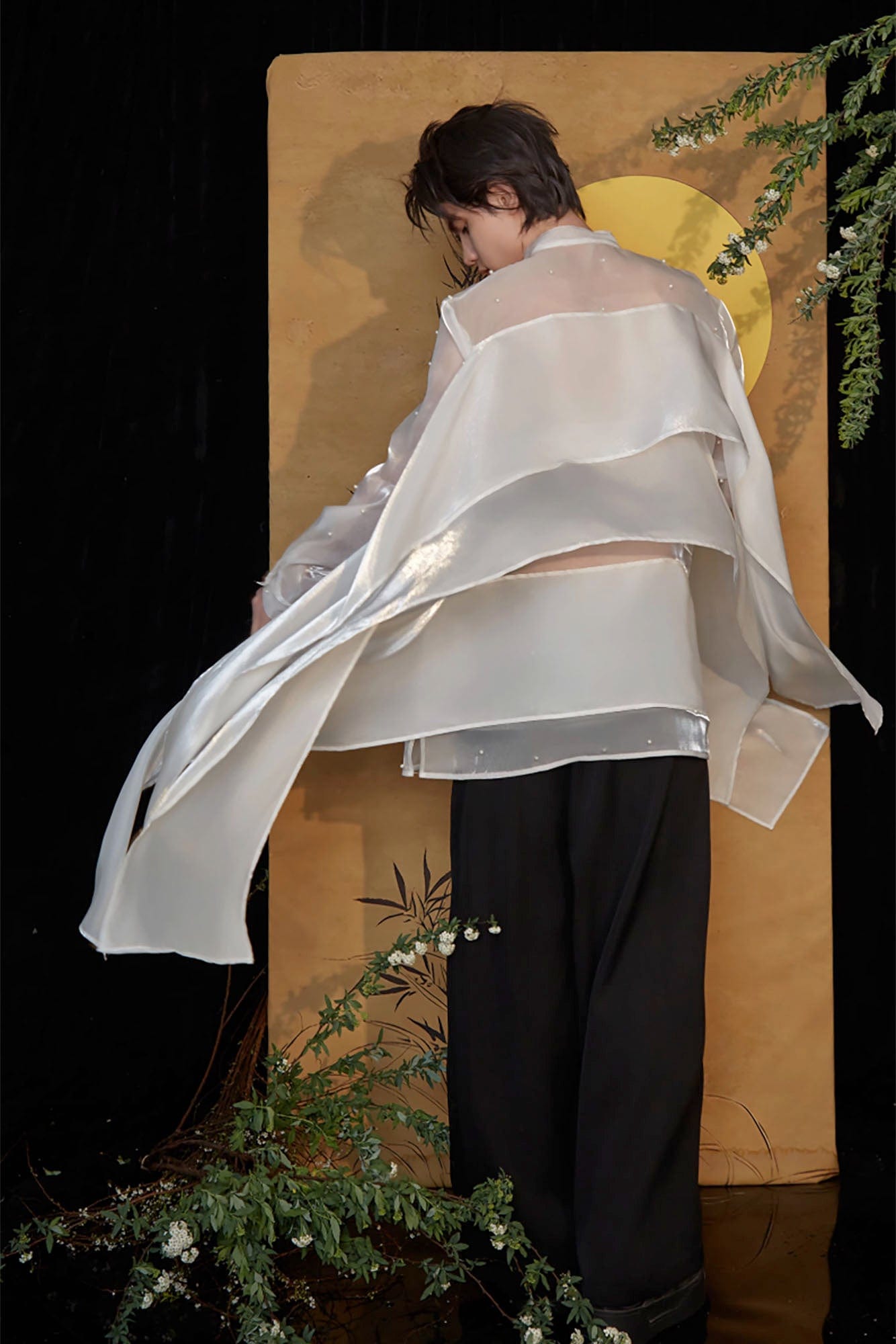 JIECHI Pearl Embroidered Layered Ribbon Organza Shirt