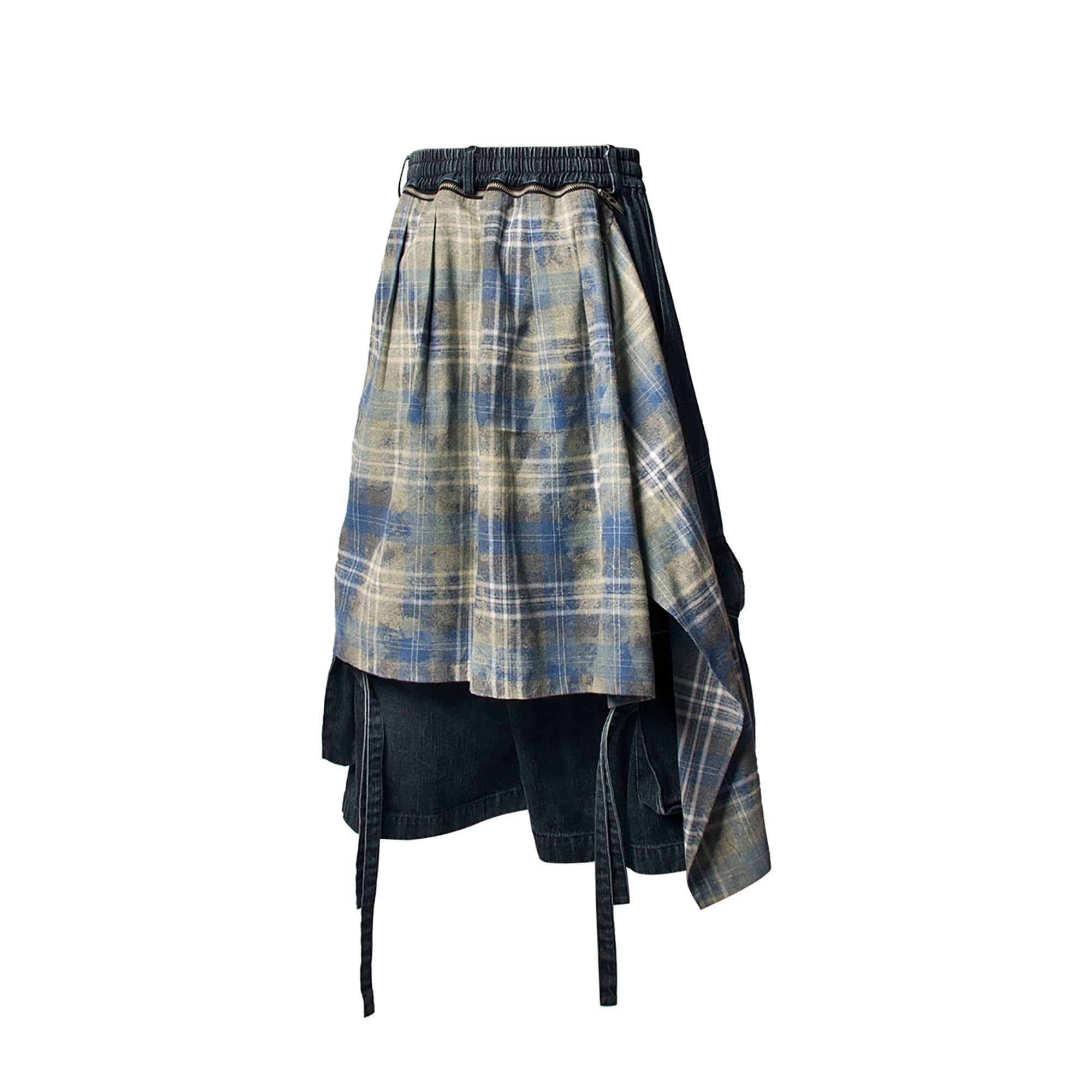 RELABEL Detachable Plaid Drape Denim Shorts