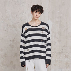 FACEONLAB Stripe Distressed Frayed Crewneck Sweater