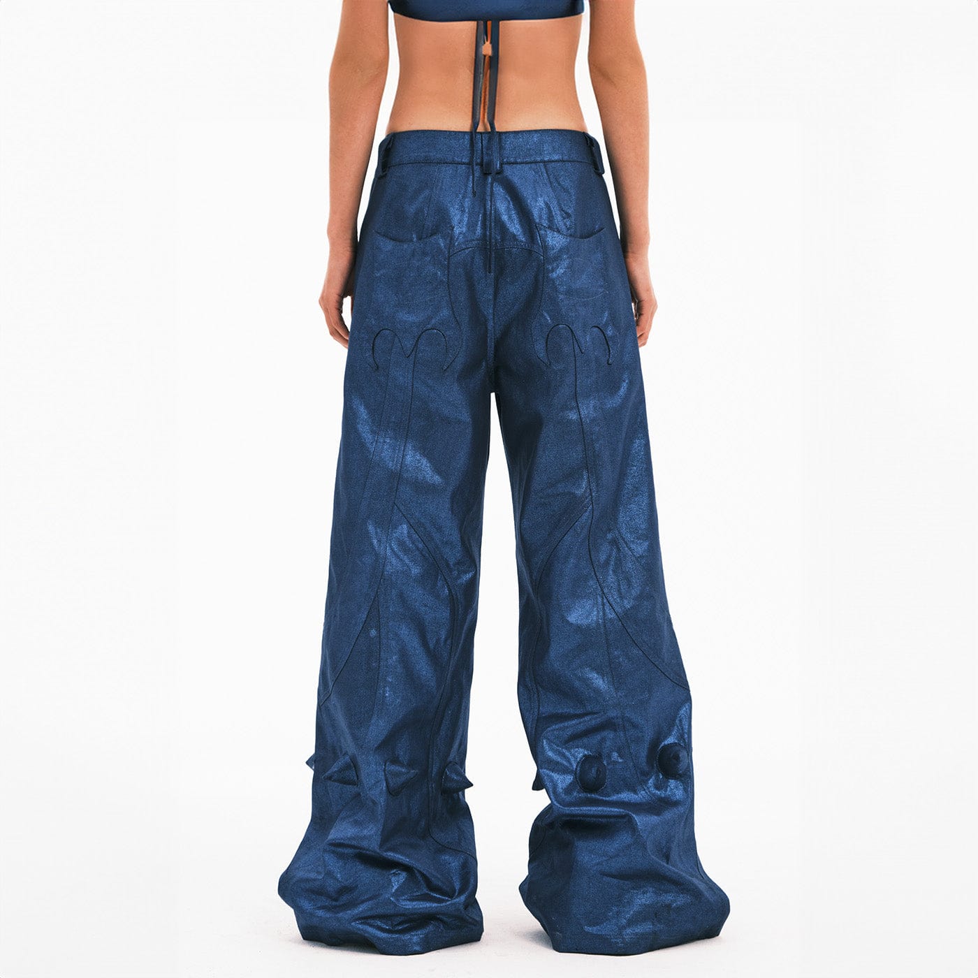 EMBRYO Metallic Devil Horned Wide-Leg Paneled Pants Blue