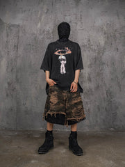 UNDERWATER Double-Layered Ripped Black Shorts Camo