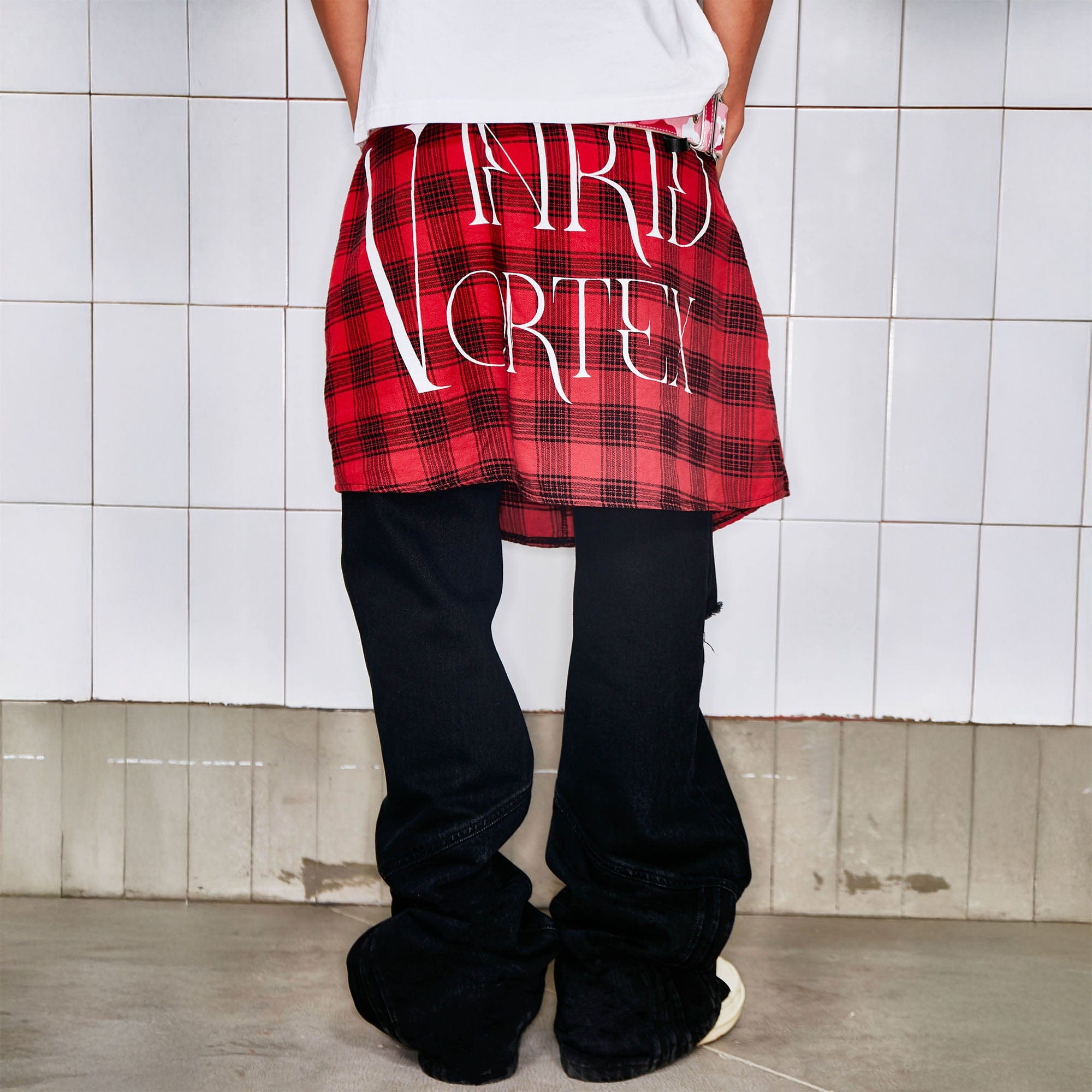 VINKID Plaid Skirt Overlay Ripped Jeans