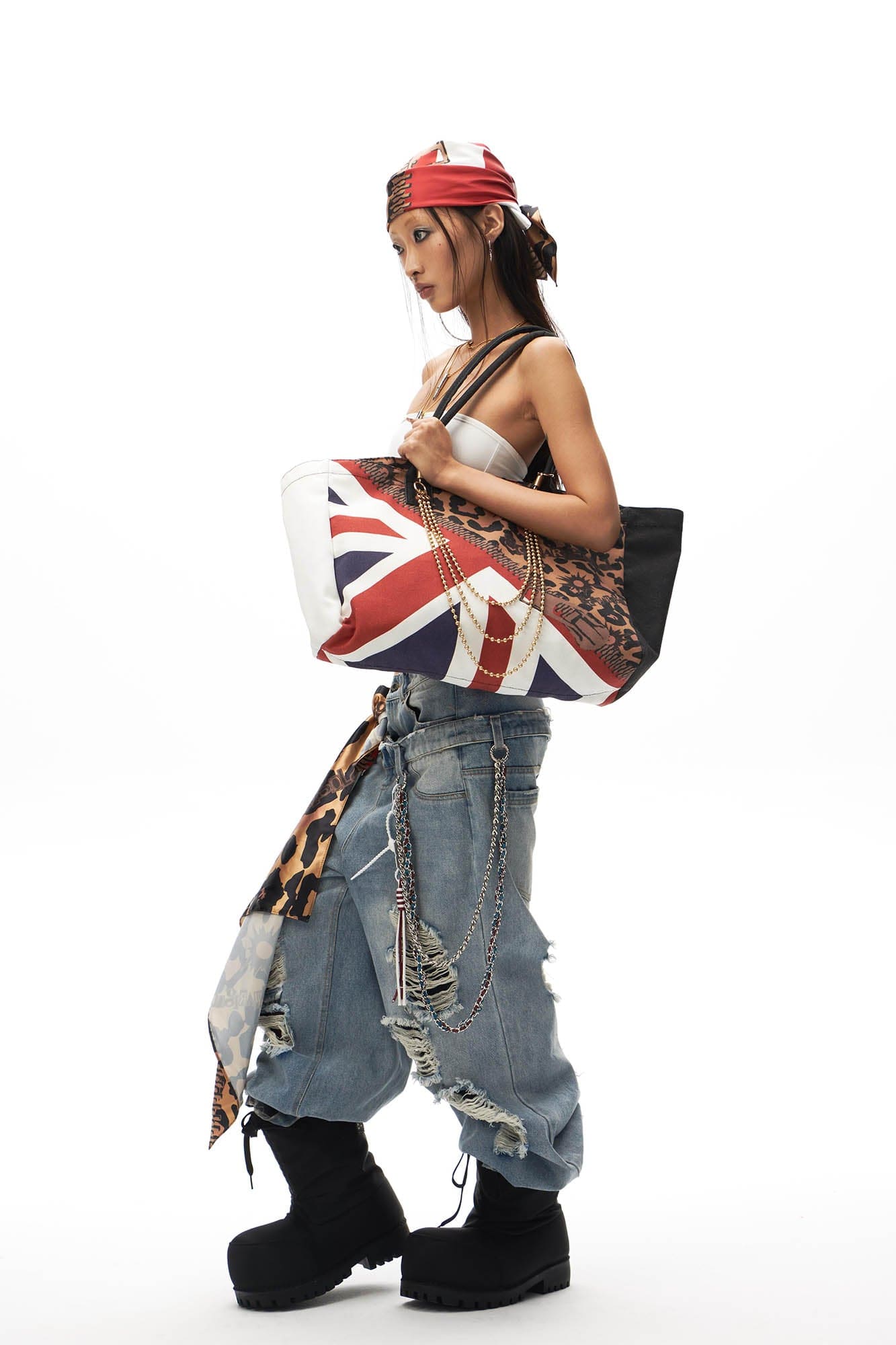SCHWARZGOLD Leopard Union Flag Patched Chain Tote