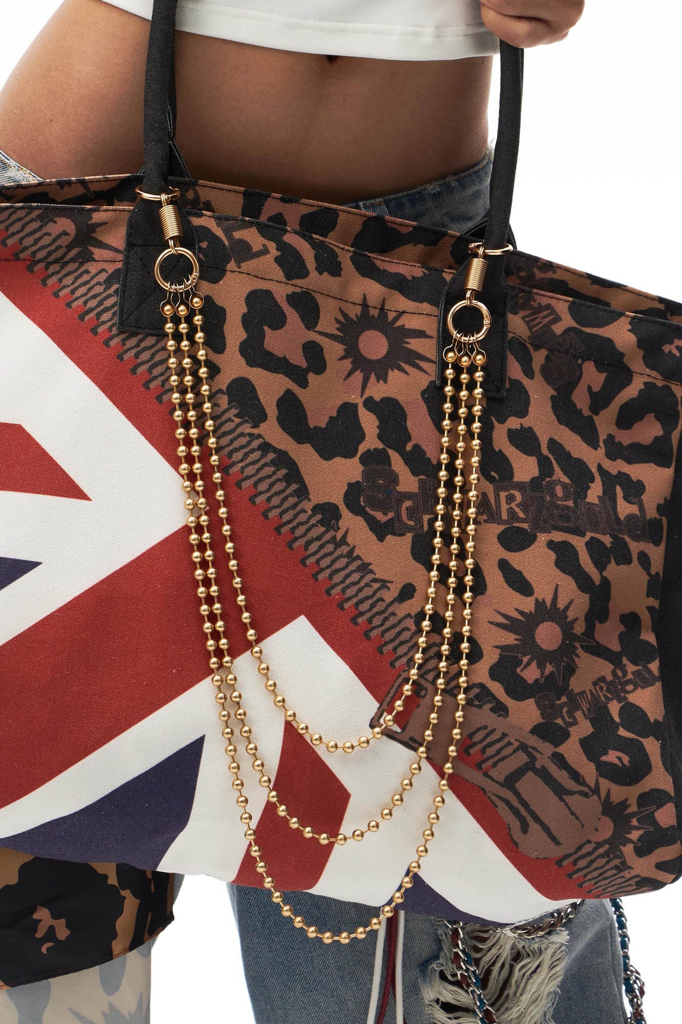 SCHWARZGOLD Leopard Union Flag Patched Chain Tote