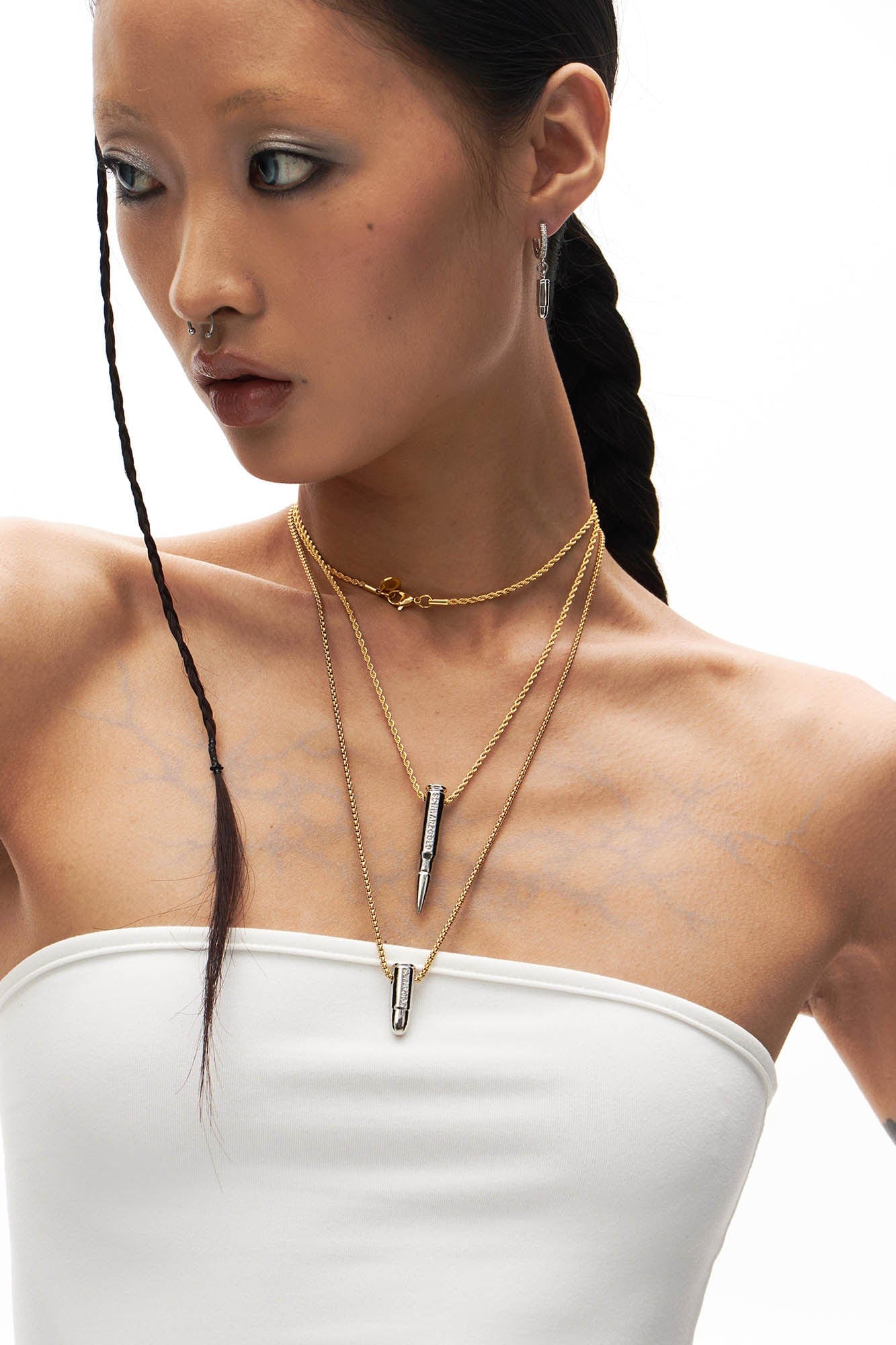 SCHWARZGOLD Layered Bullet Pendant Necklace Silver