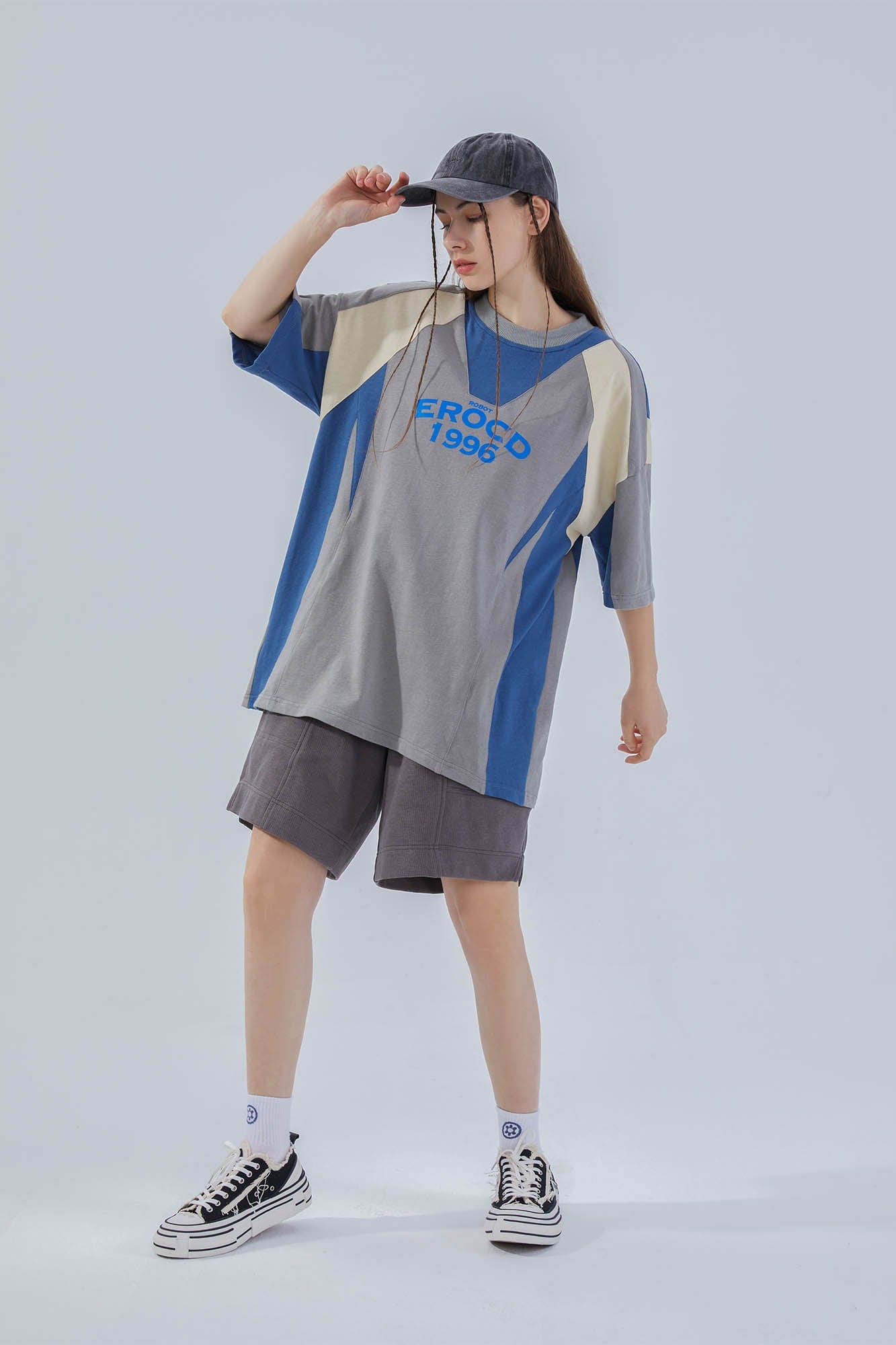 ERROR CODE ROBOT Retro Contrast Spliced Oversized T-Shirt