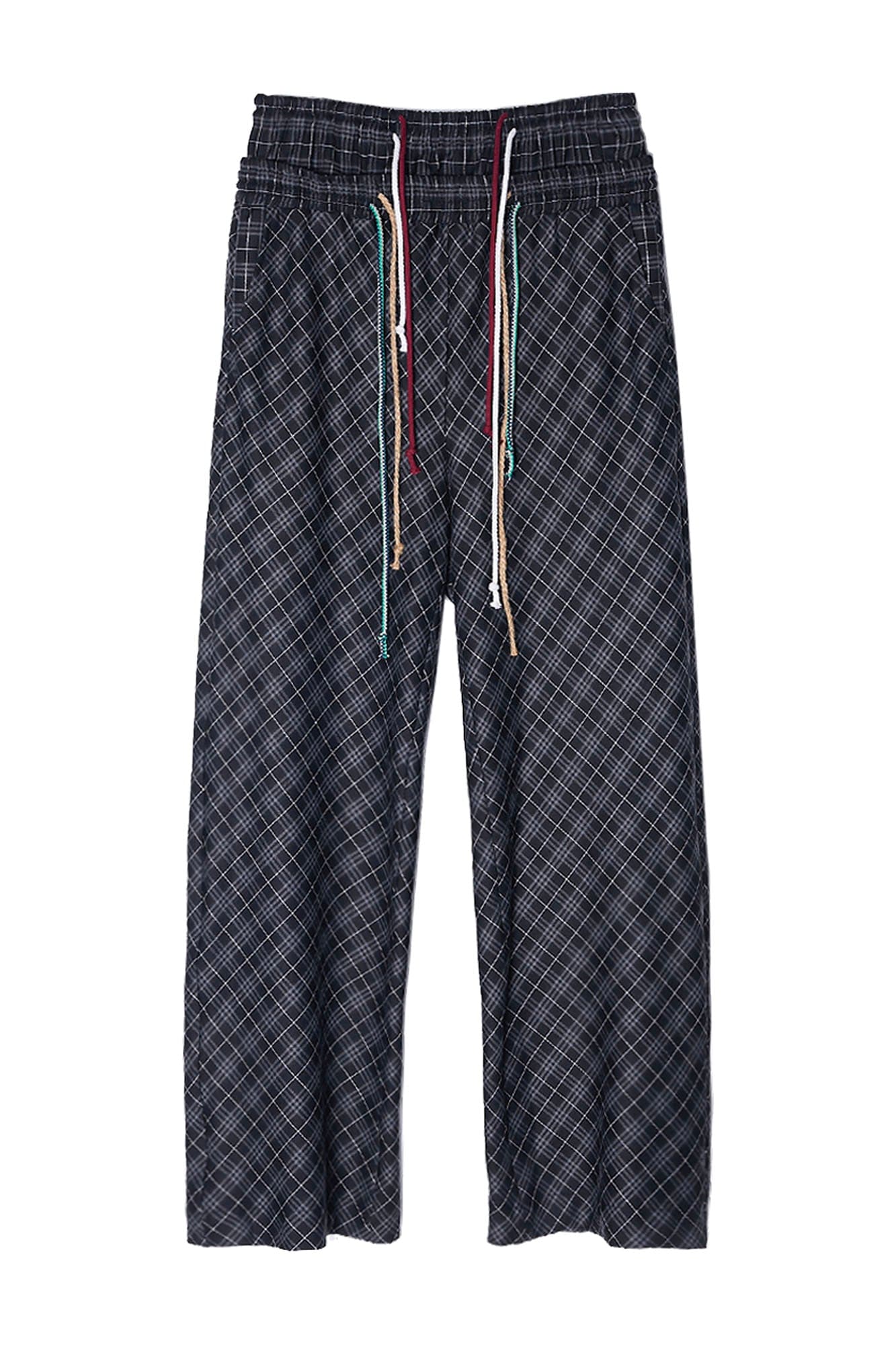 ASSEEN Plaid Double-Waist Drawstring Wide-Leg Pants
