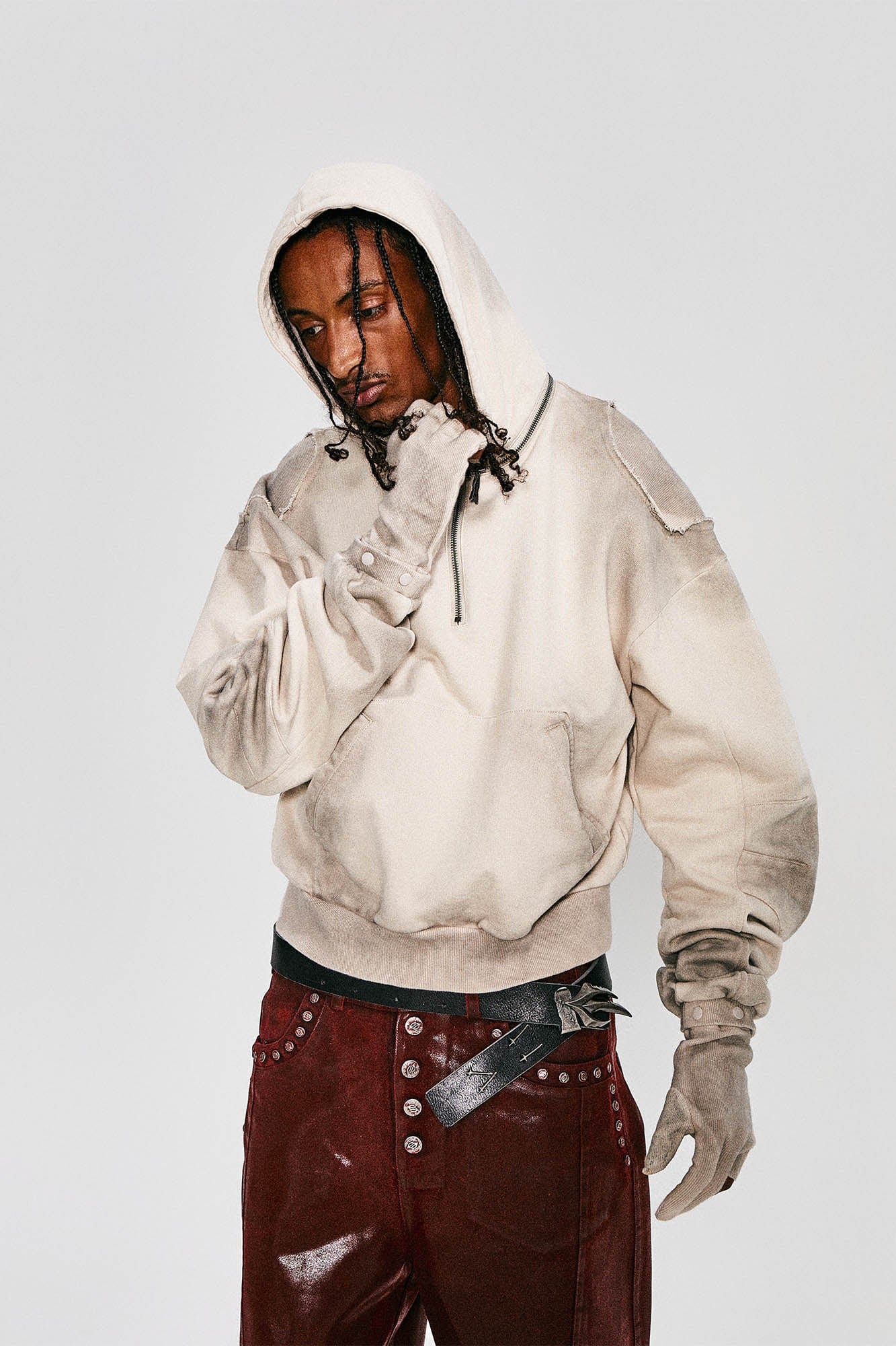 FLYERRER Distressed Detachable-Hood Glove-Sleeve Hoodie