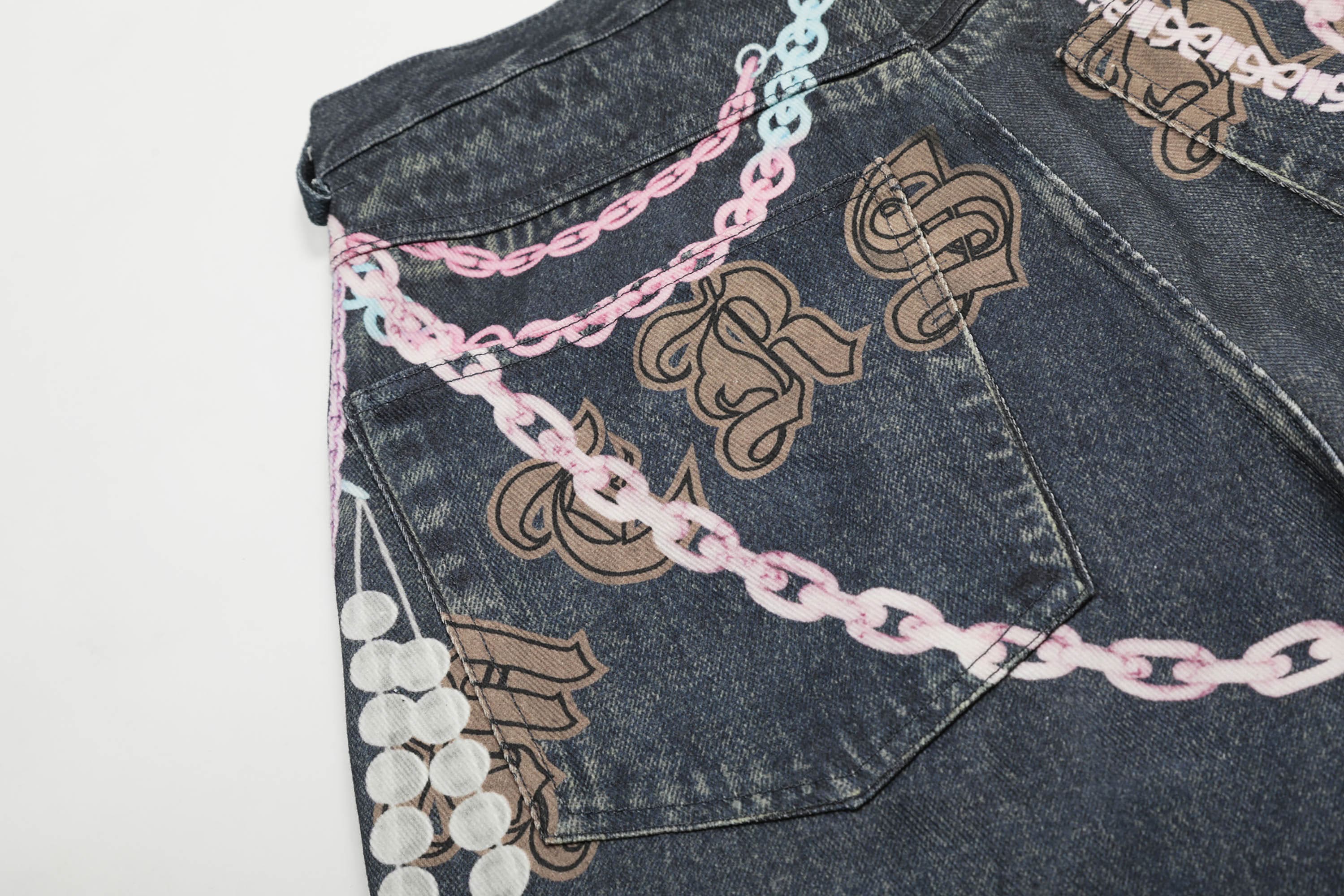 CLP Beaded Chain Graphics Wide-Leg Denim Shorts