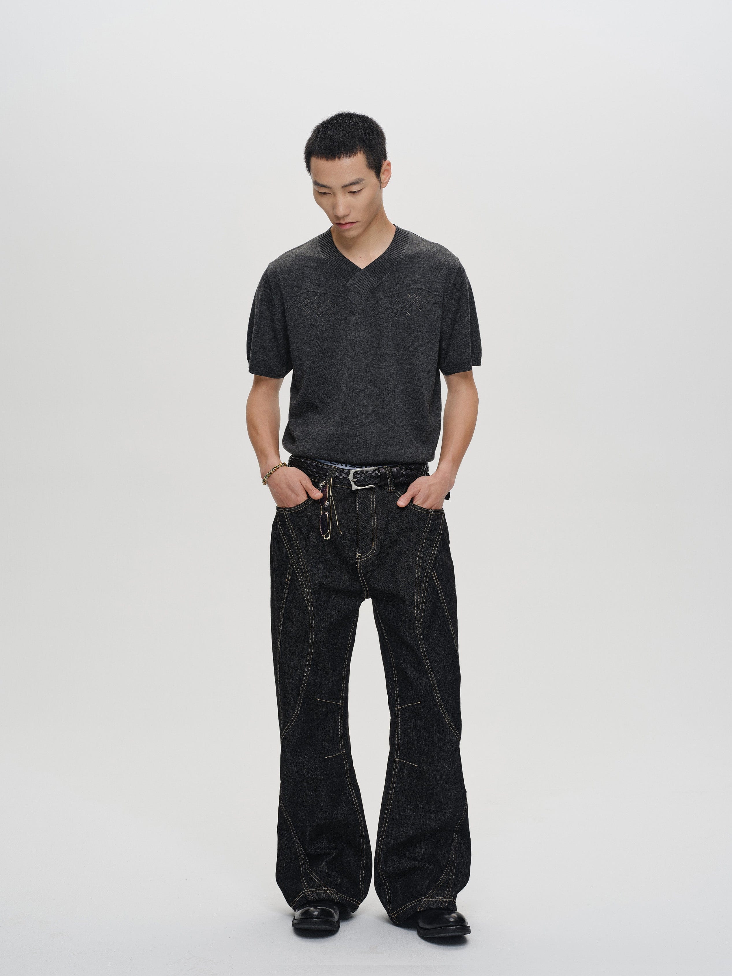 CATSSTAC Curved Panel Stitch Straight-Leg Raw Jeans