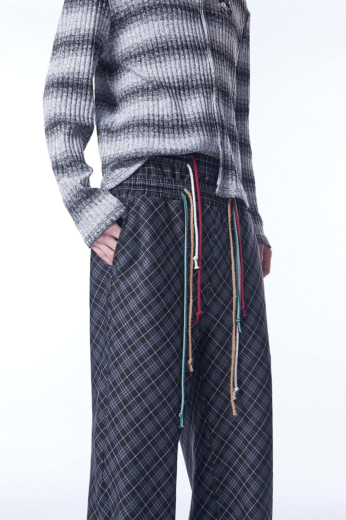 ASSEEN Plaid Double-Waist Drawstring Wide-Leg Pants