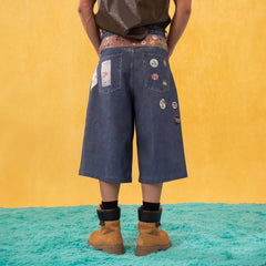 CLP Badge Belt Graphic Cropped Denim Shorts