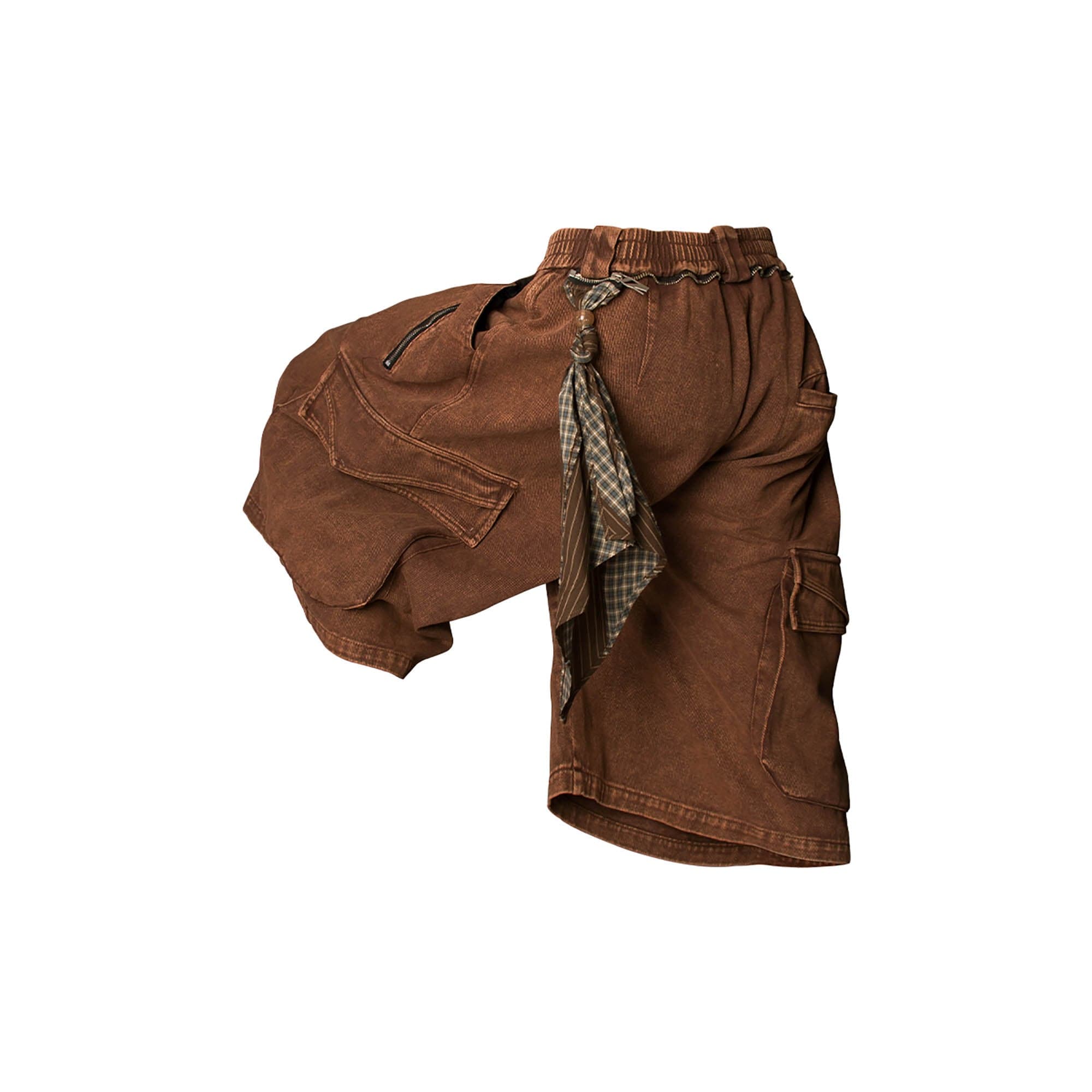 RELABEL Detachable Scarf Washed Multi-Pocket Wide-Leg Shorts