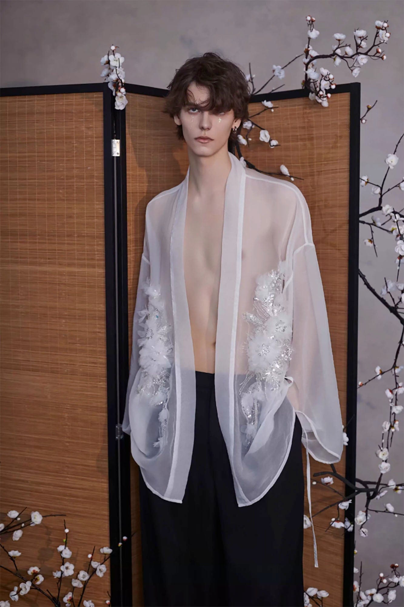 JIECHI Feathered Sequin Sheer Kimono Jacket