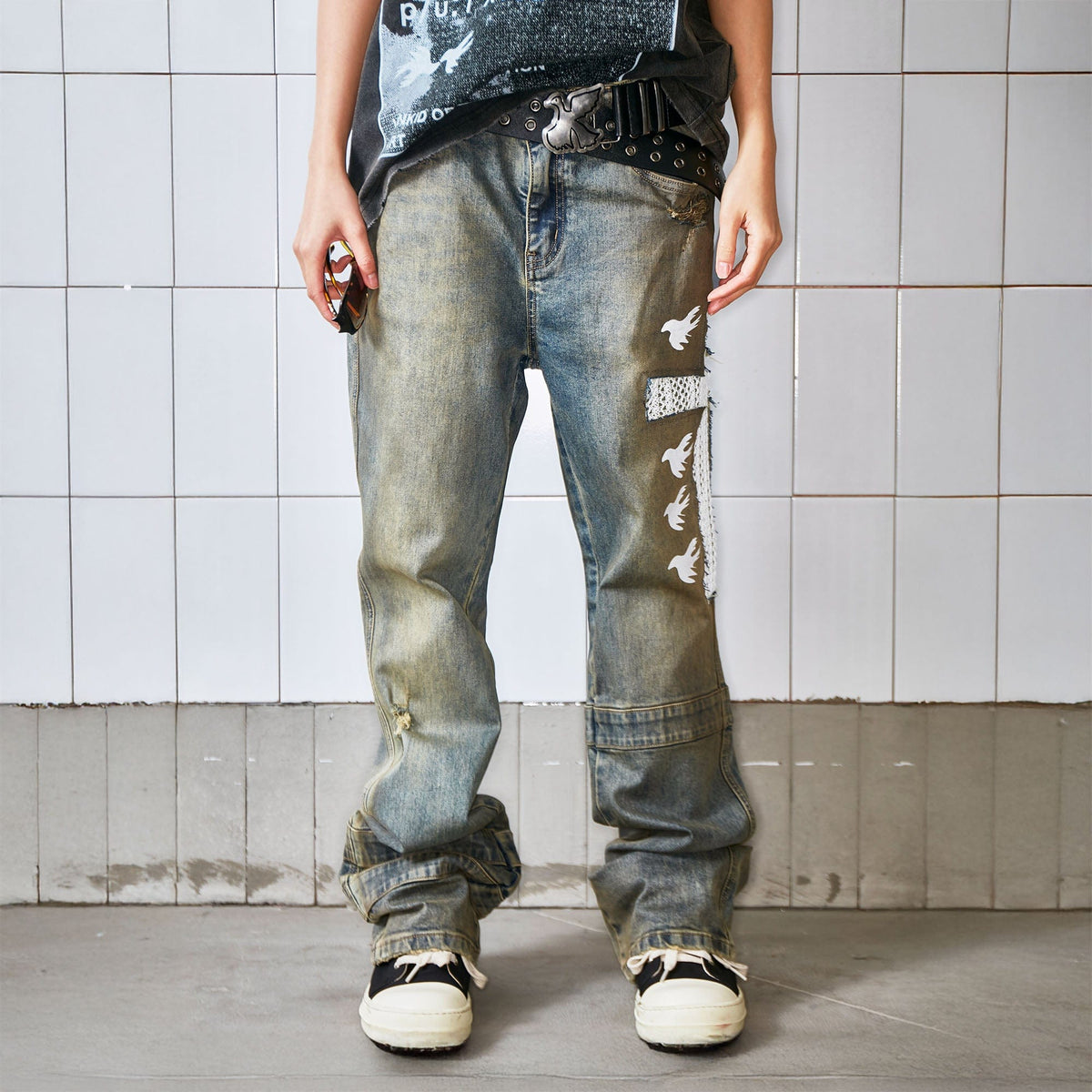 VINKID Cutout Cross & Peace Dove Patchwork Washed Jeans