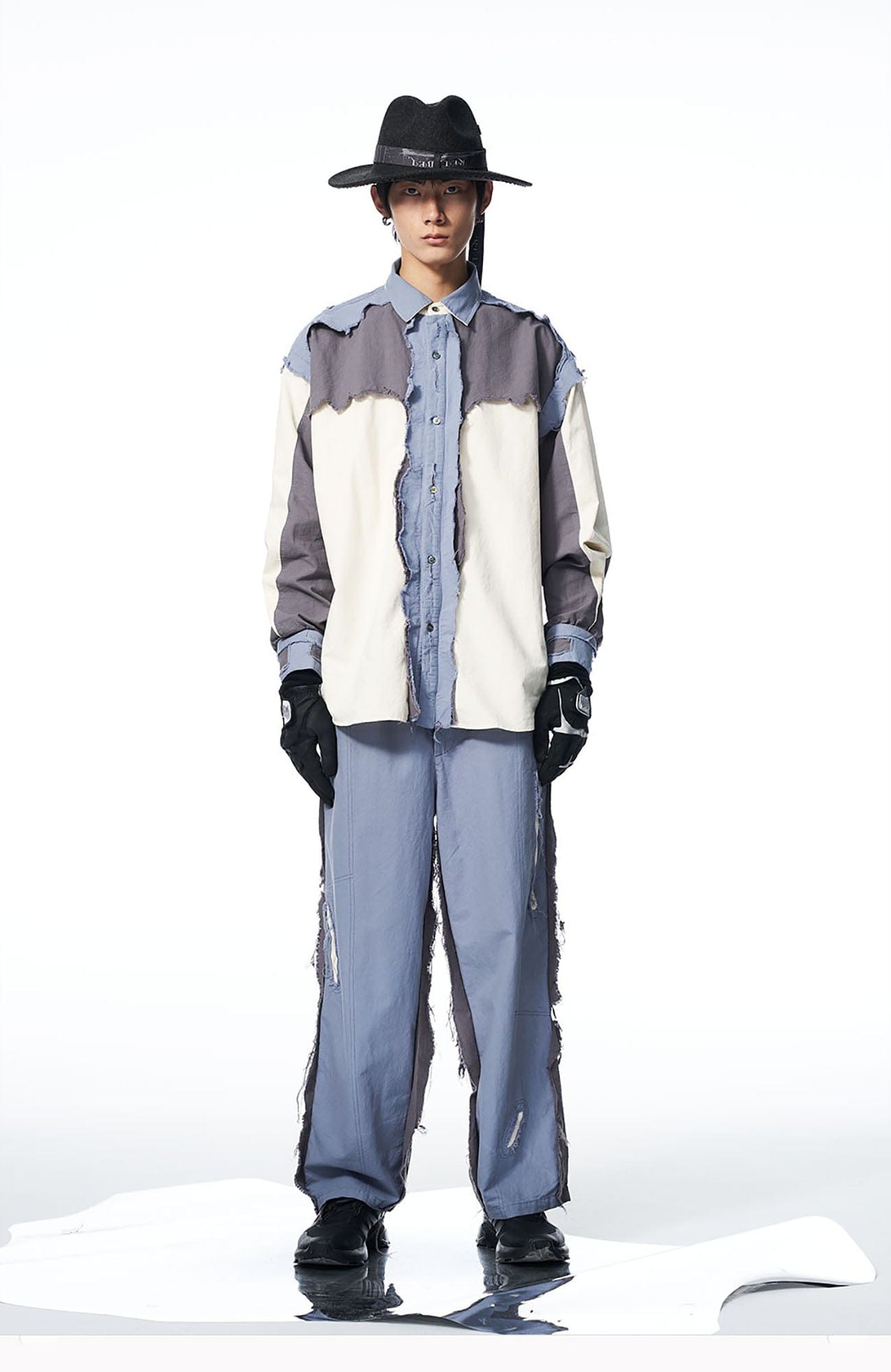 RELABEL Deconstructed Paneled Raw-Edge Frayed Shirt