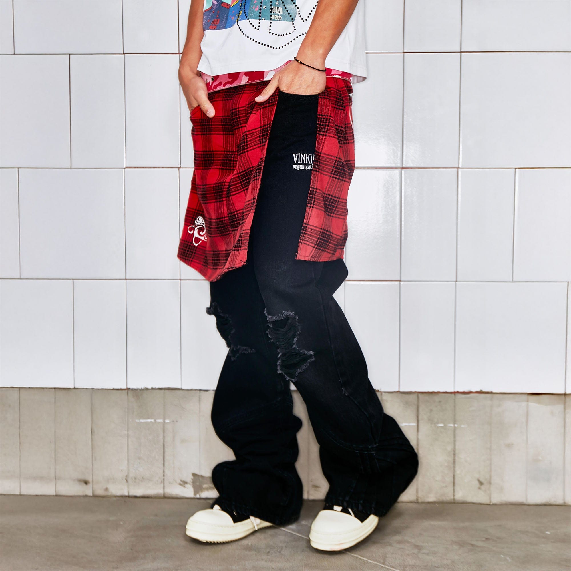 VINKID Plaid Skirt Overlay Ripped Jeans