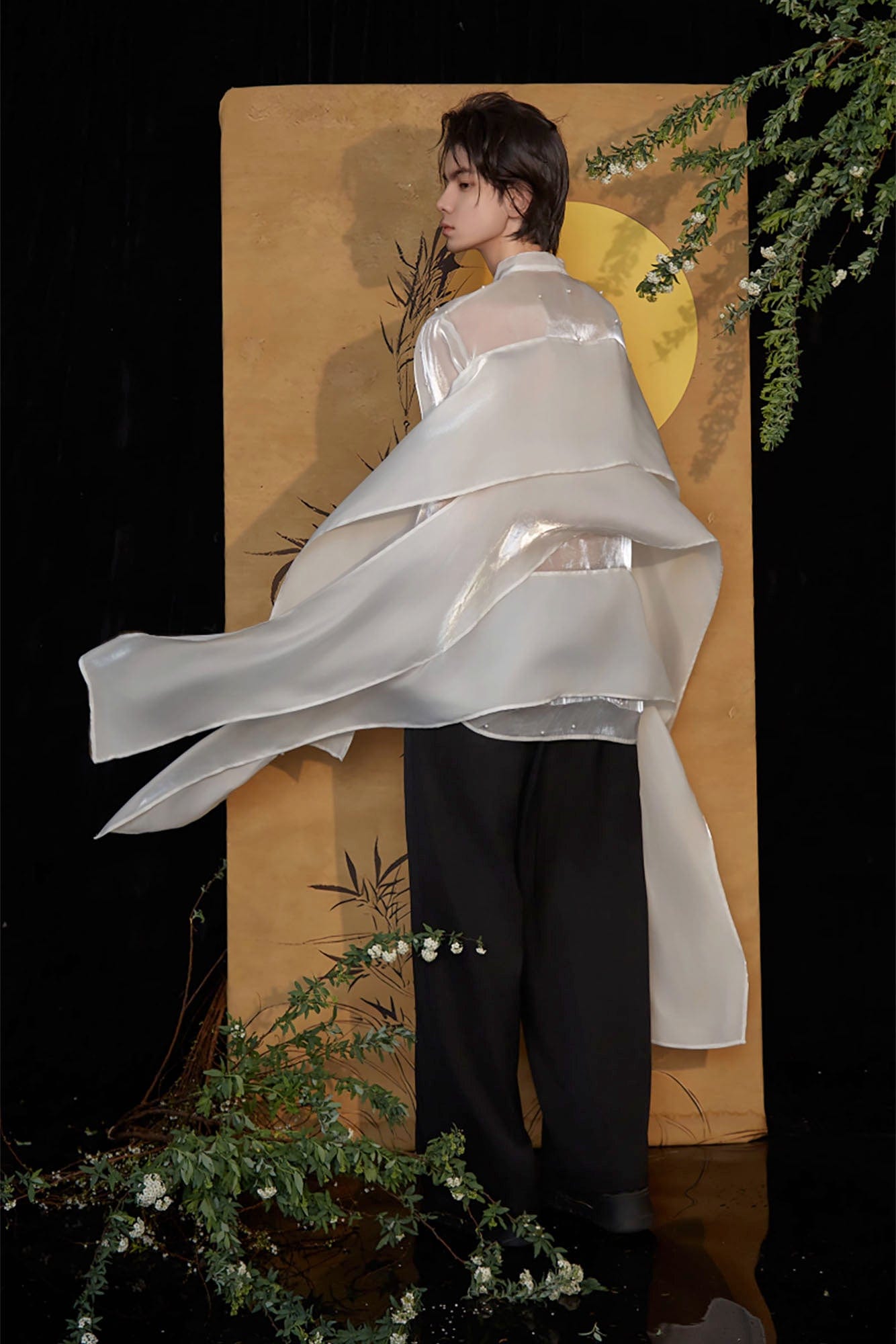 JIECHI Pearl Embroidered Layered Ribbon Organza Shirt