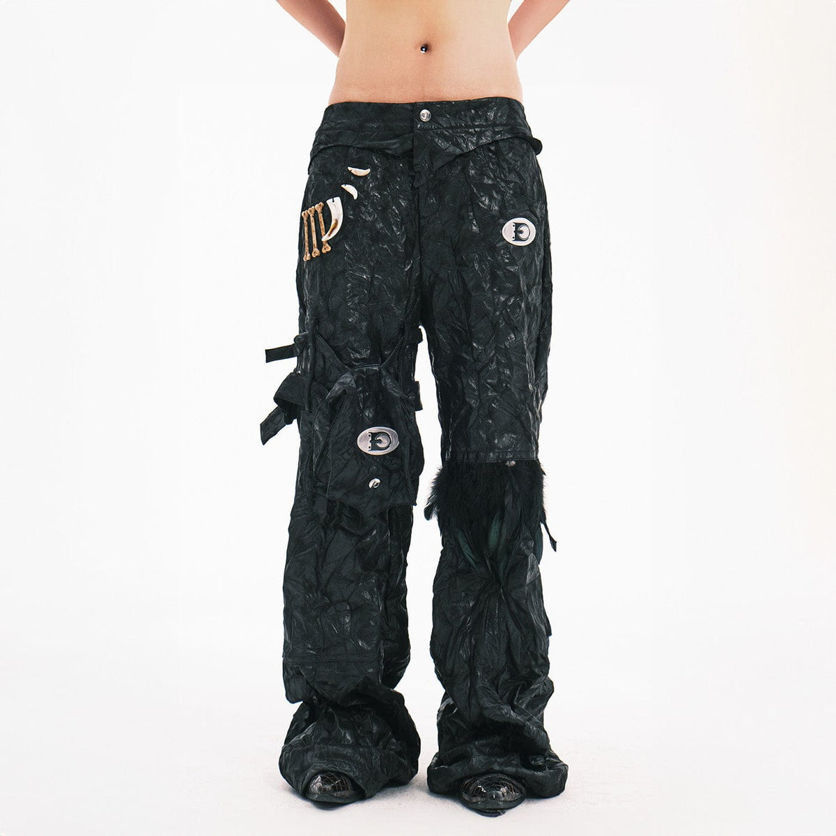 EMBRYO Deconstructed Faux Leather Bone Wrinkled Wide-Leg Pants
