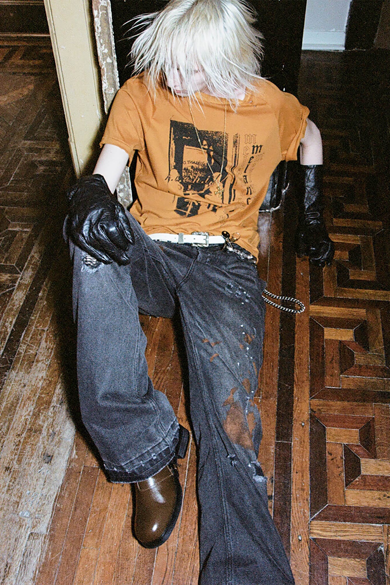 RICHILL Rust-Stained Distressed Flared Jeans