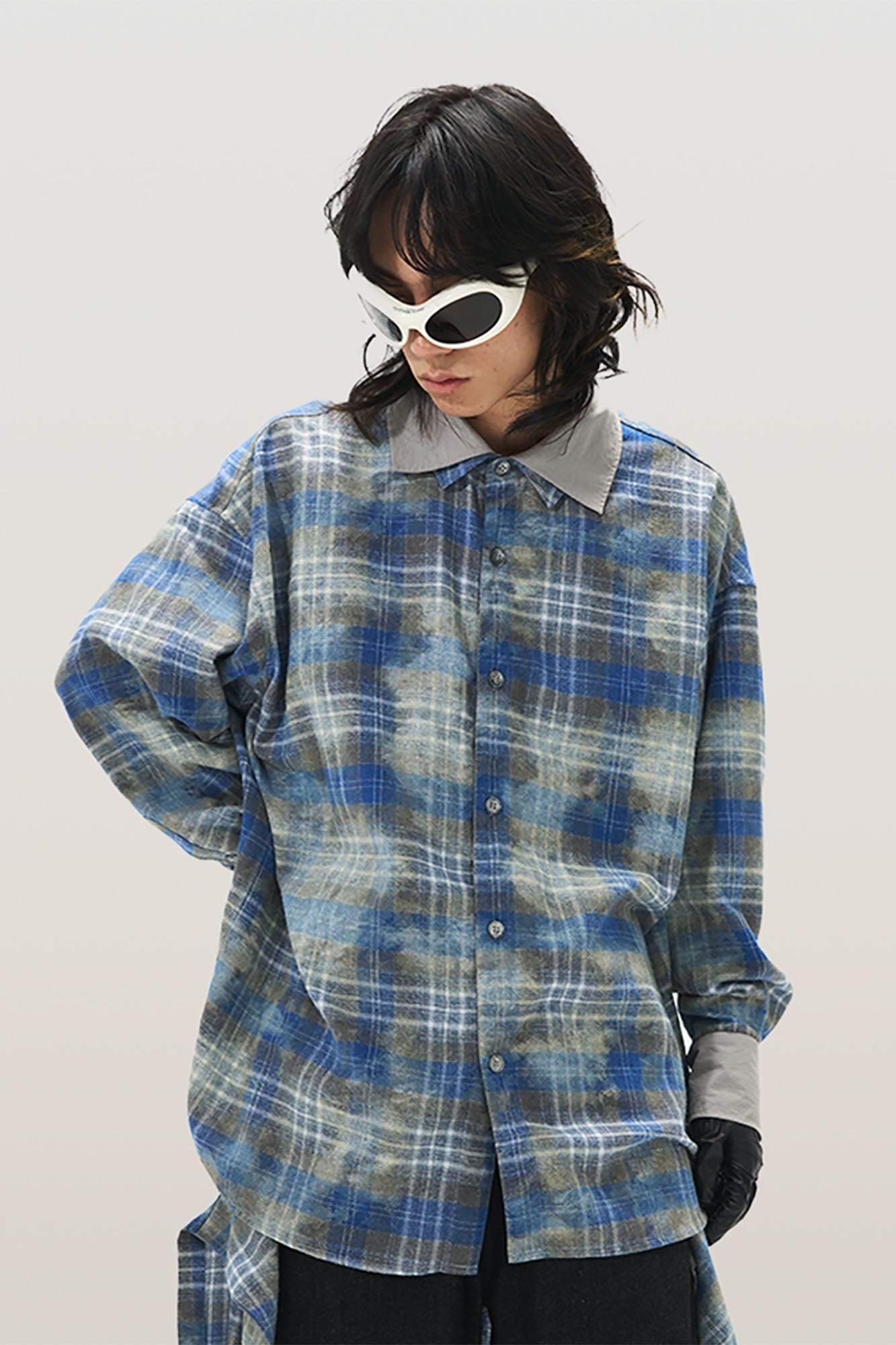 RELABEL Washed Plaid Tie-Dye Contrast-Collar Shirt