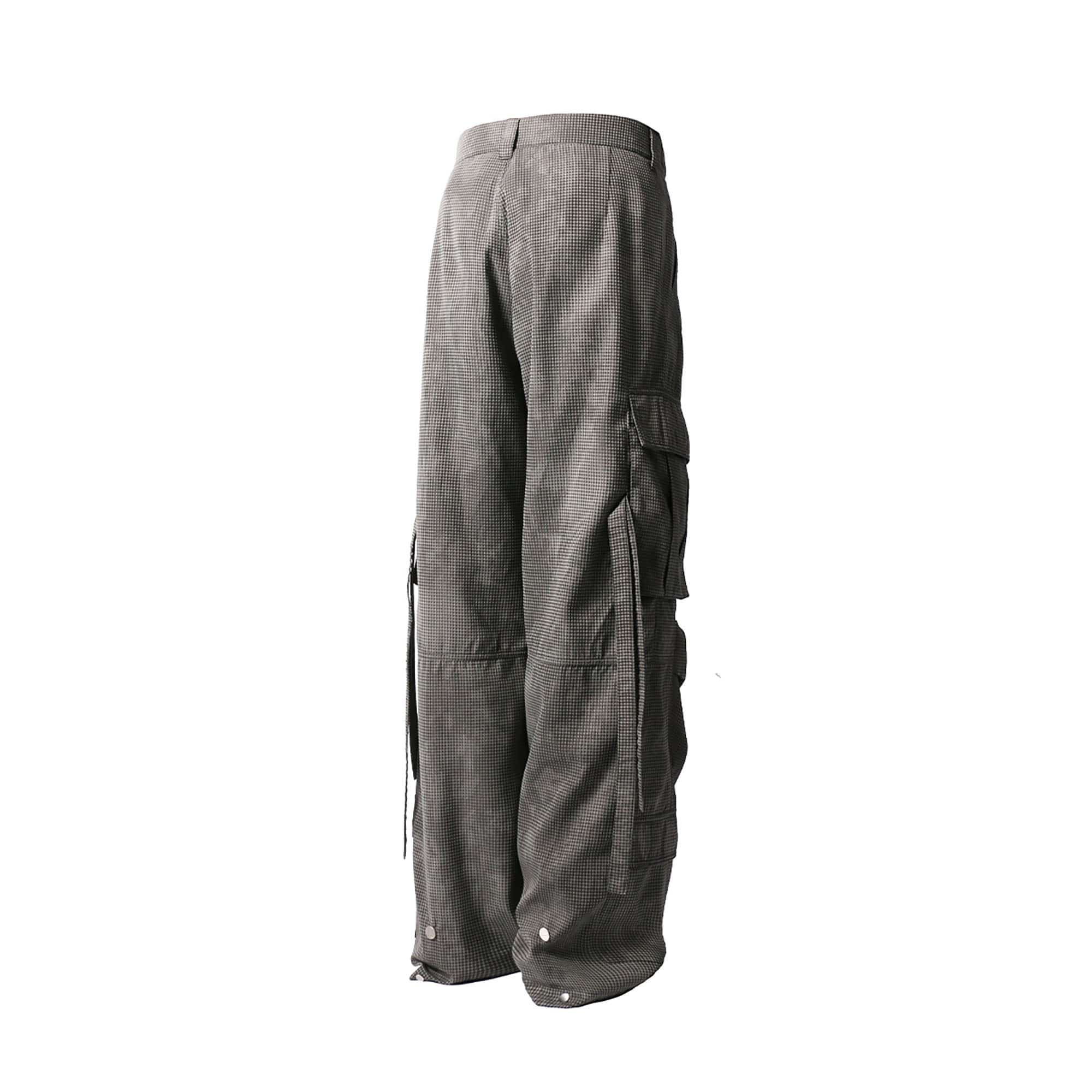 RELABEL Mini Checker Multi-Pocket Strap Pleated Cargo Pants Dark Gray