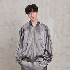 FACEONLAB Rivet Diamond Satin Leopard-Collar Jacket