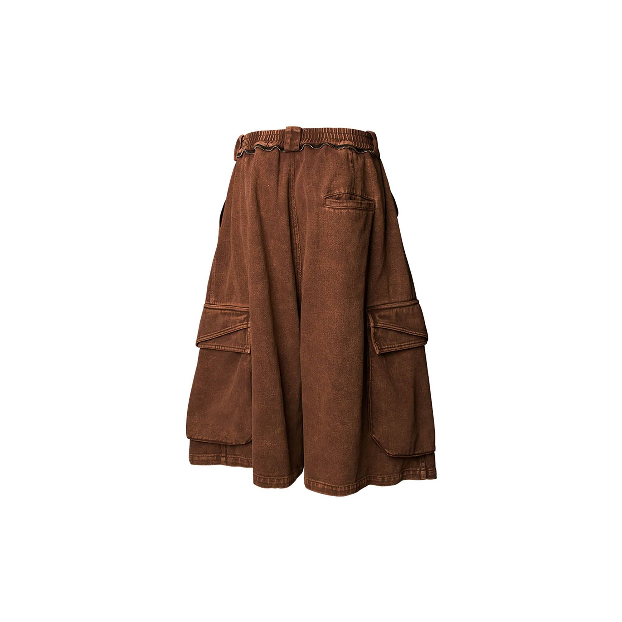 RELABEL Detachable Scarf Washed Multi-Pocket Wide-Leg Shorts