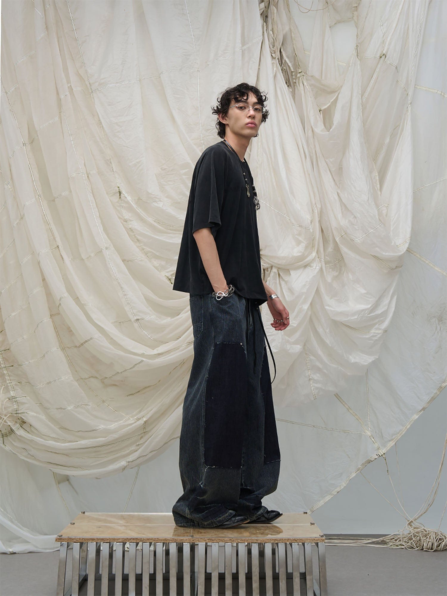 RELABEL Double-Knee Patch Washed Drawstring Jeans