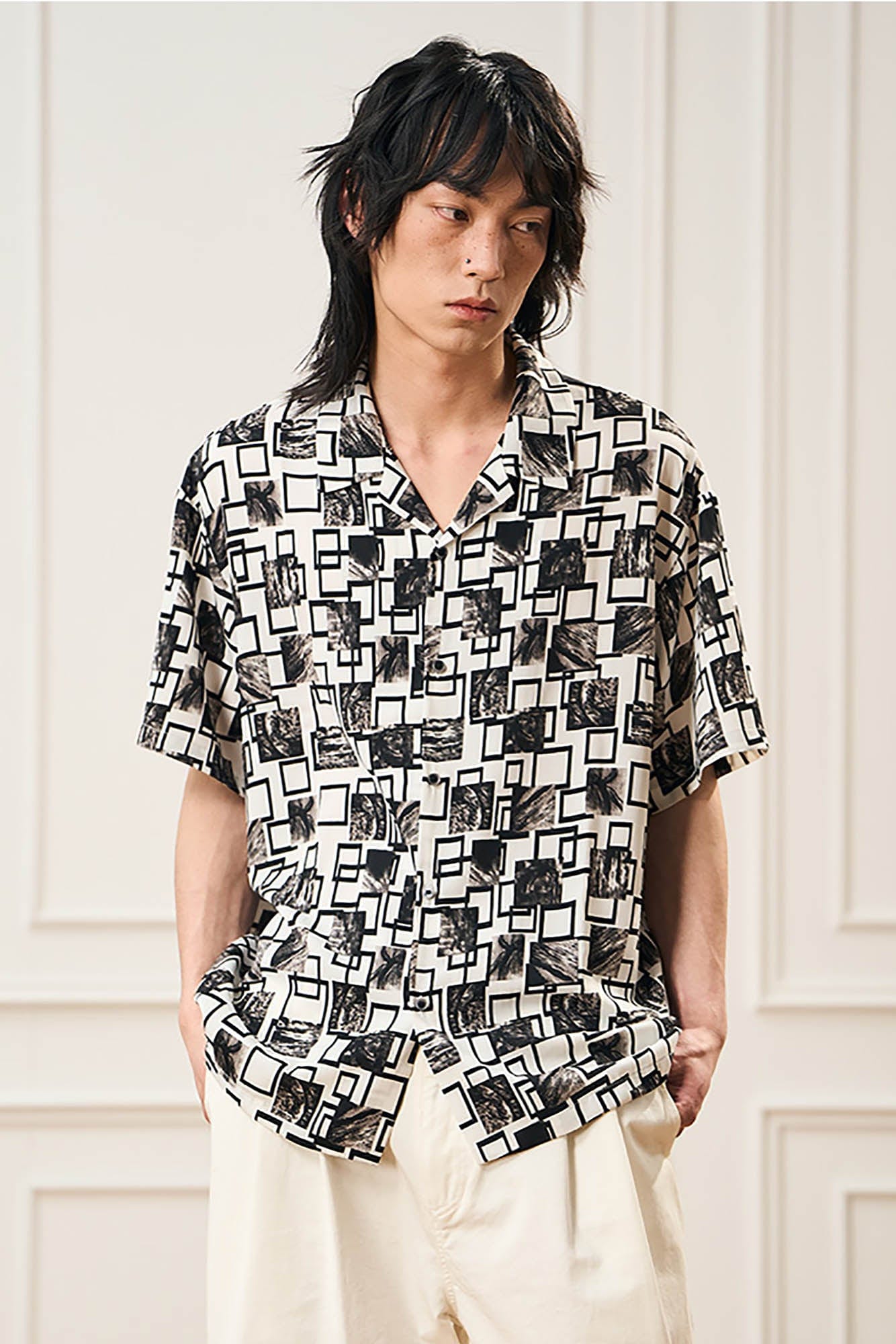 EPIC POETRY Monochrome Collage Grid Cuban Half Shirt