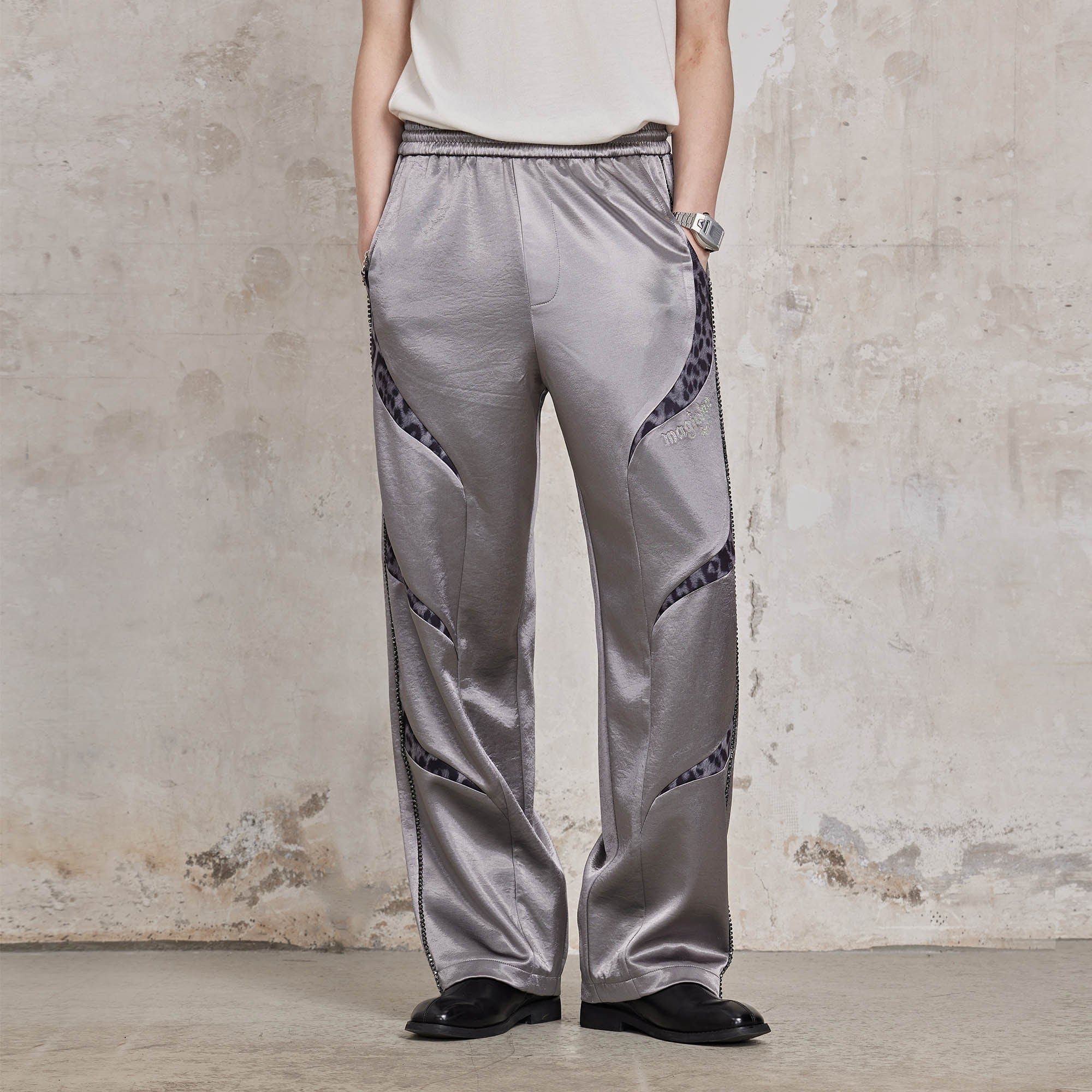 FACEONLAB Diamond Leopard-Spliced Satin Pants