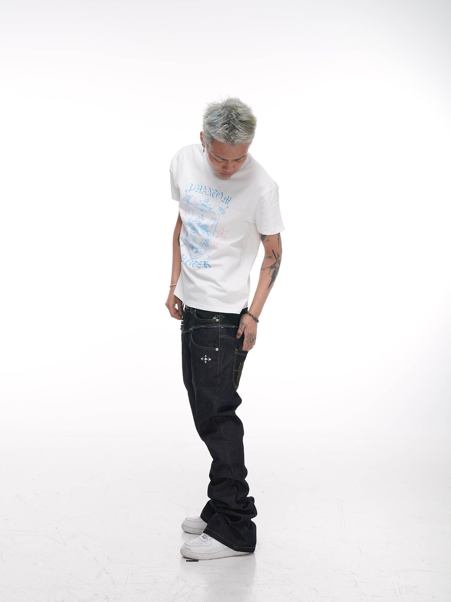 PHANTOMHUNTER Double-Waist Spliced Straight-Leg Fitted Jeans