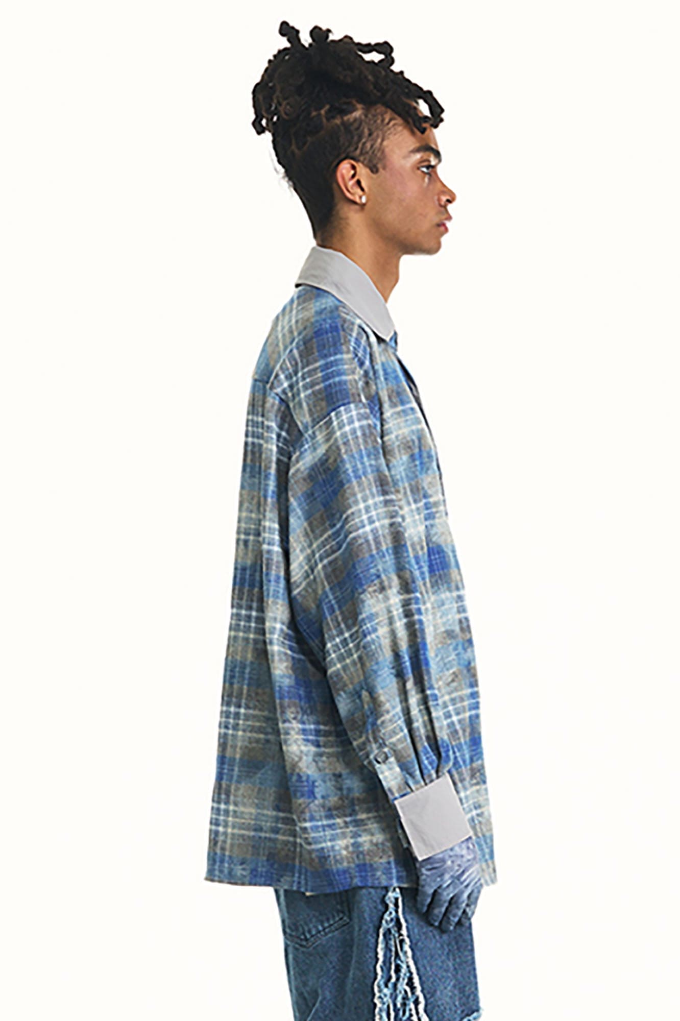 RELABEL Washed Plaid Tie-Dye Contrast-Collar Shirt