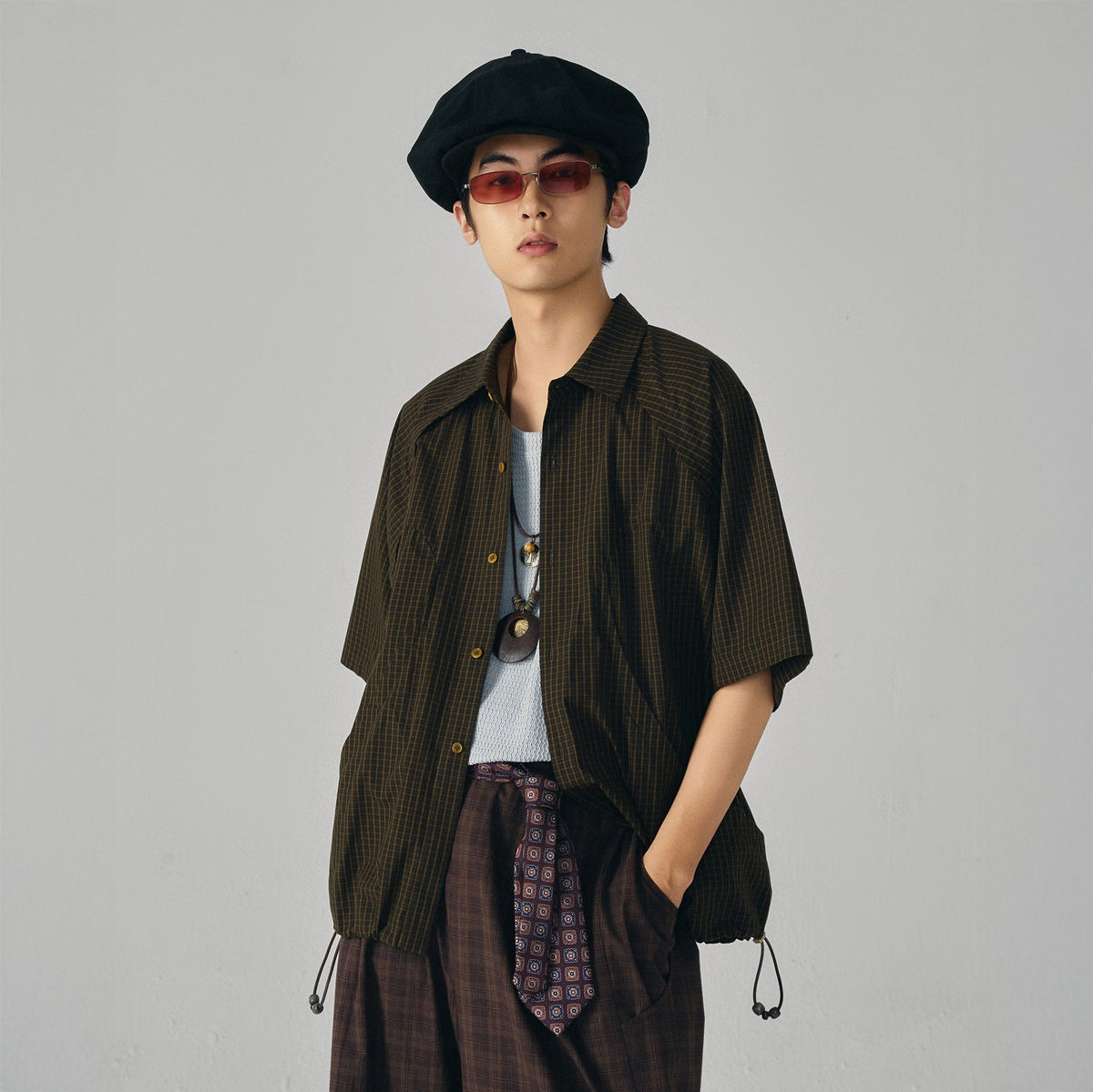 GONGHE REPUB Retro Checked Curved Spliced Drawstring Half Shirt
