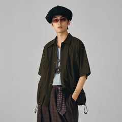 GONGHE REPUB Retro Checked Curved Spliced Drawstring Half Shirt