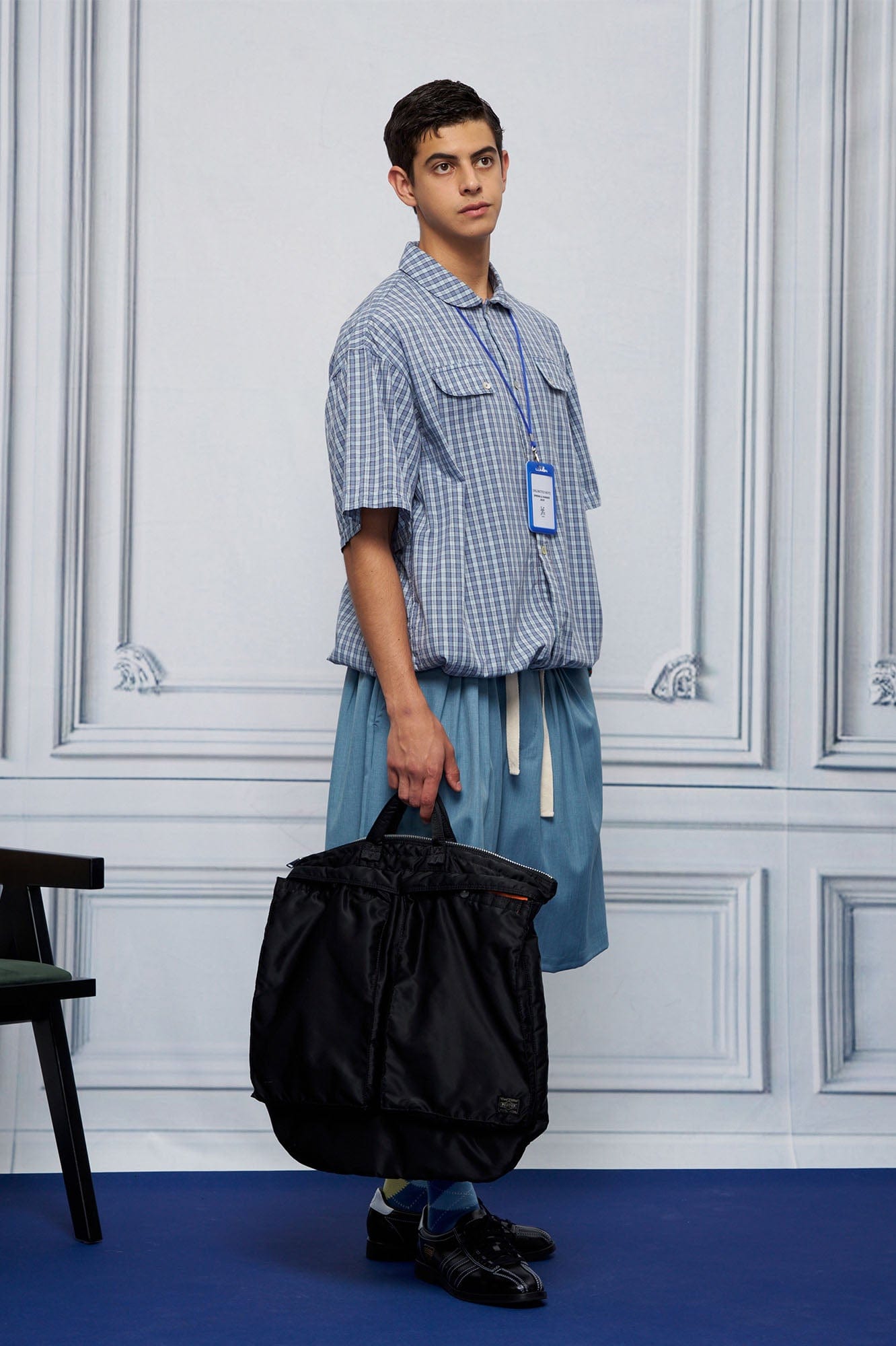 UNLIMITED MOTE Drawstring Hem Plaid Peter Pan Collar Half Shirt
