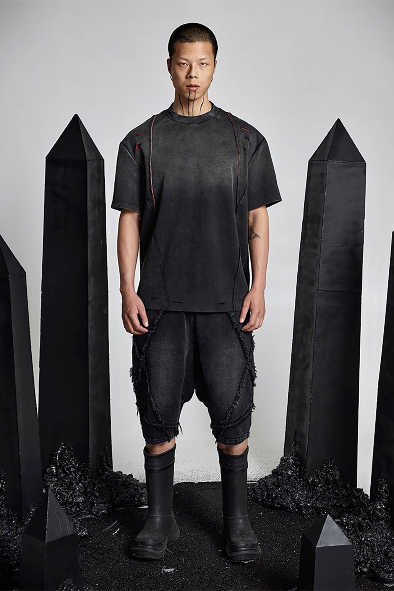 SSIN7 Washed Frayed Spliced Denim Shorts