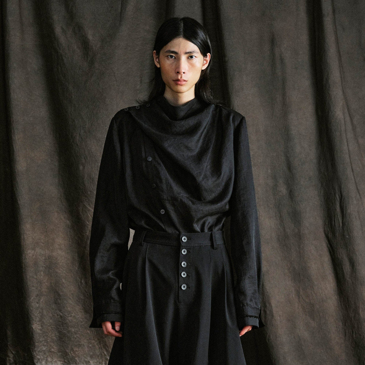 ILNya Nieternite Nifutur Asymmetrical Sheer Draped Button-Up Shirt